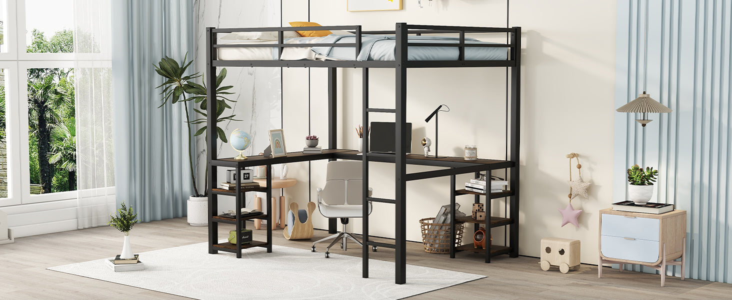 HAOYYE Full Metal Loft Bed with Desk and Shelves, Loft Bed with Ladder and Guardrails, Loft Bed Frame for Bedroom, Black with Vintage wood-colored desk Sturdy Space-Saving Heavy Duty Modern Design