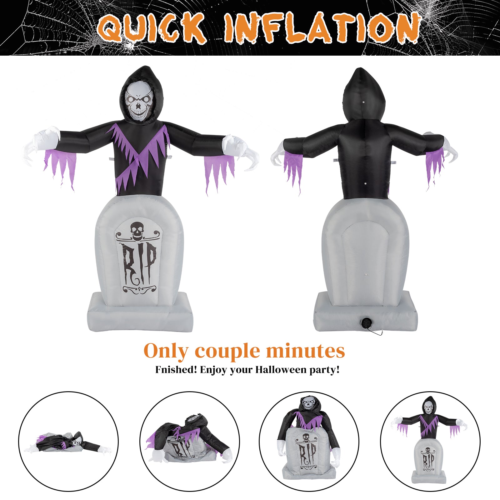 HAOYYE Halloween Inflatable Decoration Black 3-Piece Grim Reaper and Grave Set with LED String Lights Powerful Blower Easy Setup Waterproof Polyester for Garden Yard Lawn Patio Outdoor Party
