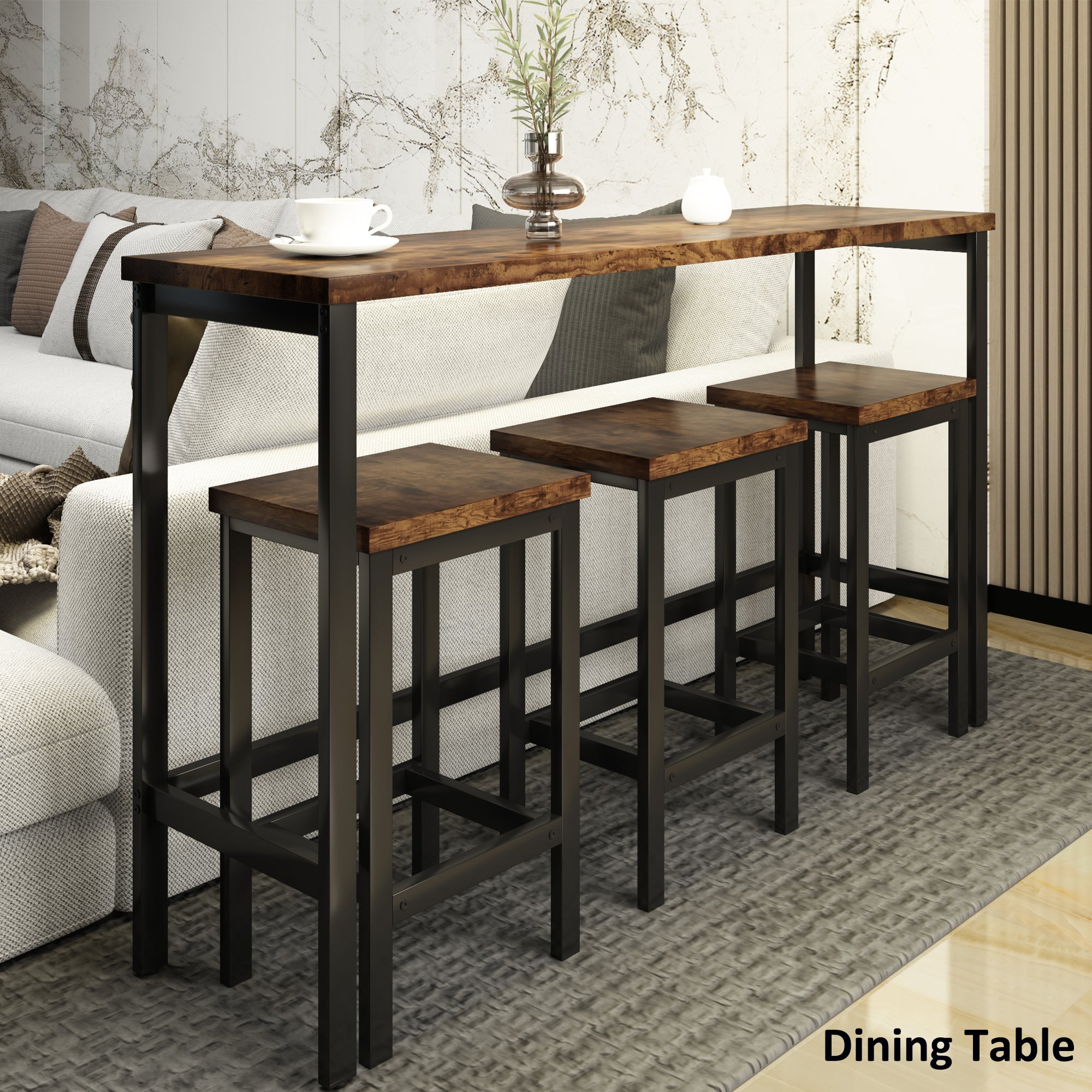 HAOYYE Counter Height Extra Long Dining Table Set with 3 Stools Pub Kitchen Set Side Table with Footrest,Brown Sturdy Space-Saving Heavy Duty Modern Design Adults Dorm Room Easy Assembly