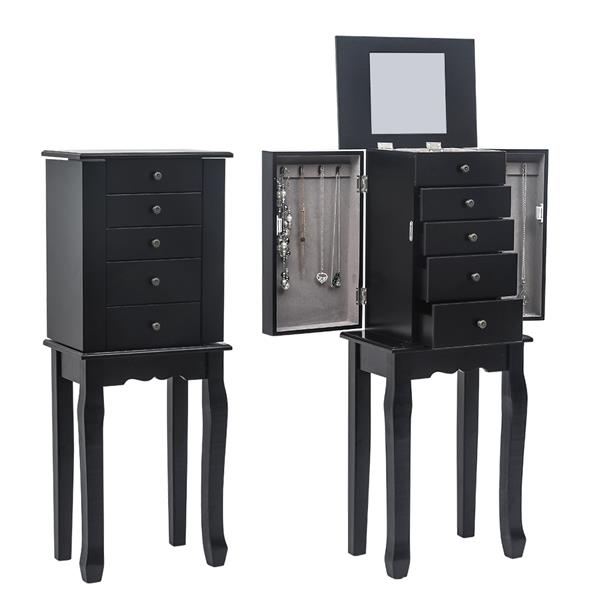 HAOYYE Standing Jewelry Armoire with Mirror, 5 Drawers and 6 Necklace Hooks, Tall Jewelry Cabinet Chest with Top Organizer and 2 Side Swing Doors