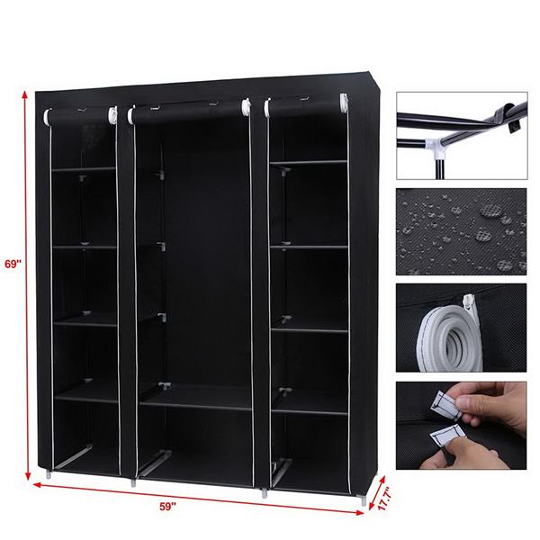 DE Direct HAOYYE Portable Clothes Closet Wardrobe Storage Organizer with Non-Woven Fabric Cover Strong Steel Frame and 12 Shelves Freestanding Garment Rack Dustproof and Waterproof Fabric Quick and Easy Assembly for Bedroom Entryway Black