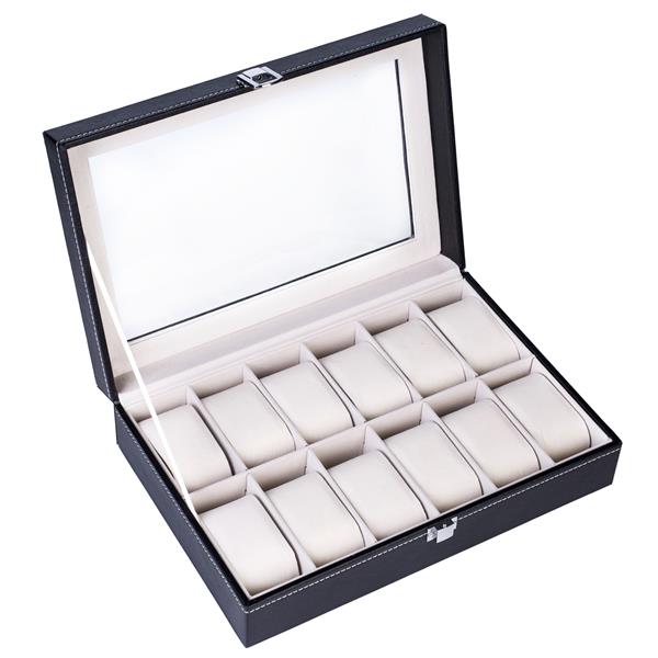 HAOYYE 12 Compartments Top-Level Opening Style Leather Watch Collection Box, Black Soft Cozy Warm Flannel Fleece Home Decor, Luxury Comfortable Unique Design, Premium Quality Decorative Display Case for Watches and Accessories