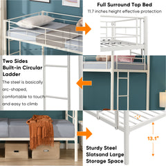 HAOYYE Twin Over Twin Metal Bunk Bed,Metal Structure Bedframe with Safety Guardrails and 2 ladders,Convertible Bunkbeds,No Spring Box Required and Space Saving Design,White Sturdy Space-Saving Heavy Duty