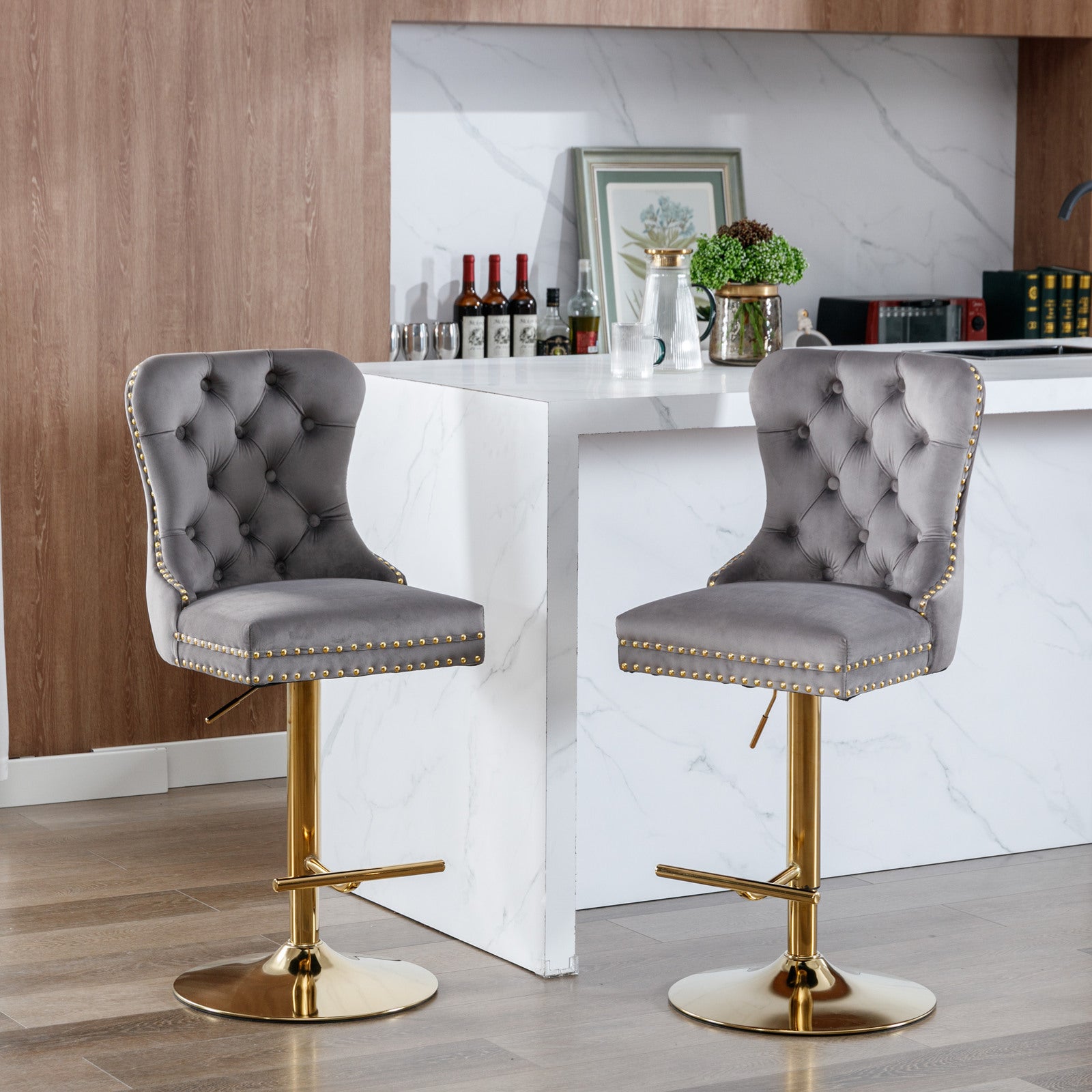 HAOYYE Thick Golden Swivel Velvet Barstools Adjusatble Seat Height from 25-33 Inch, Modern Upholstered Bar Stools with Backs Comfortable Tufted for Home Pub and Kitchen Island (Gray,Set of 2)