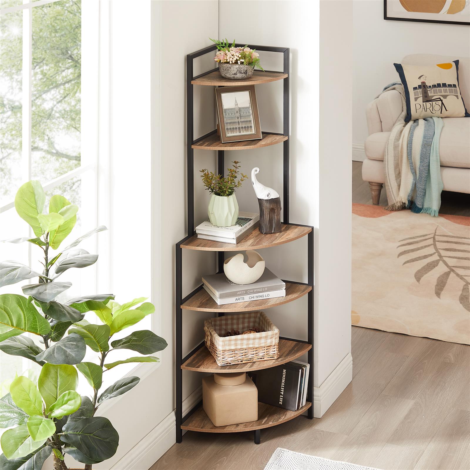 DE Direct HAOYYE 6-Tier Corner Shelf Modern Open Bookcase Wood Storage Rack Freestanding Display Stand for Plants Albums and Décor Space-Saving Bookshelf for Living Room Home Office Kitchen Rustic Brown