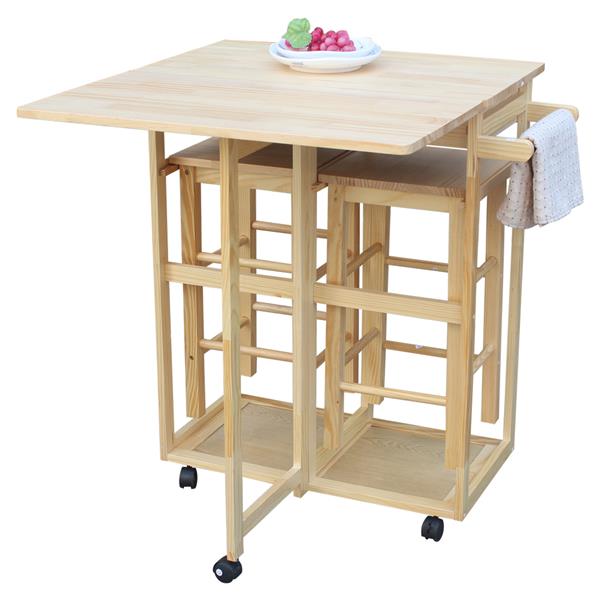 HAOYYE Square Solid Wood Folding Dining Cart with 2 Free Stools Expandable Drop Leaf Table with Drawers and Wheels for Small Spaces