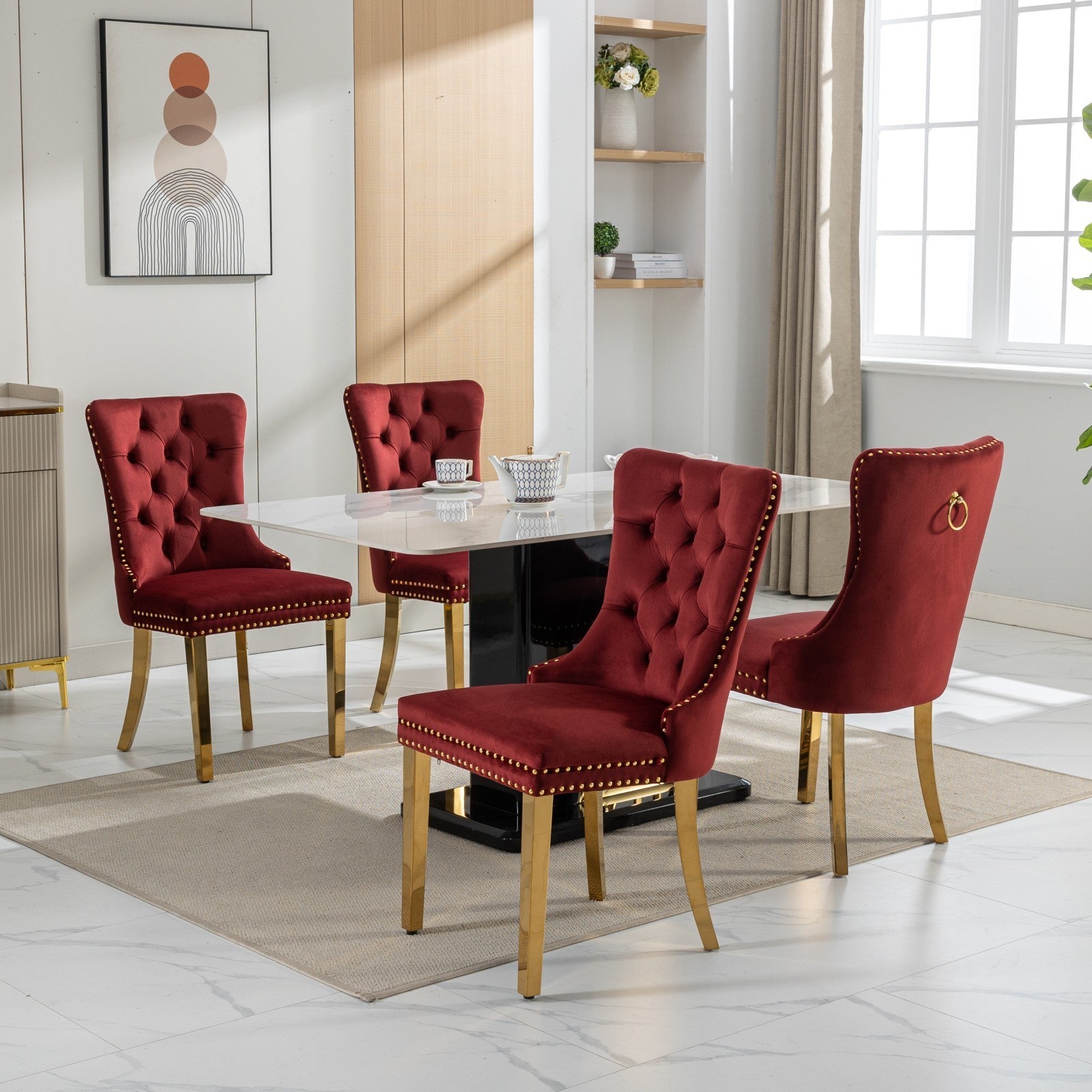 HAOYYE Nikki Collection Modern, High-end Tufted Solid Wood Contemporary Velvet Upholstered Dining Chair with Golden Stainless Steel Plating Legs,Nailhead Trim,Set of 2,Wine Red and Gold, SW1601WR,Burgundy