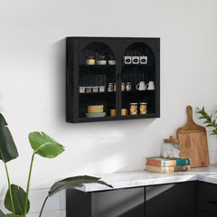 HAOYYE 27.56"Glass Doors Modern Two-door Wall Cabinet with Featuring Three-tier Storage for Entryway Living Room Bathroom Dining Room,Wall Cabinet with Characteristic Woven Pattern,Black Sturdy Space-Saving