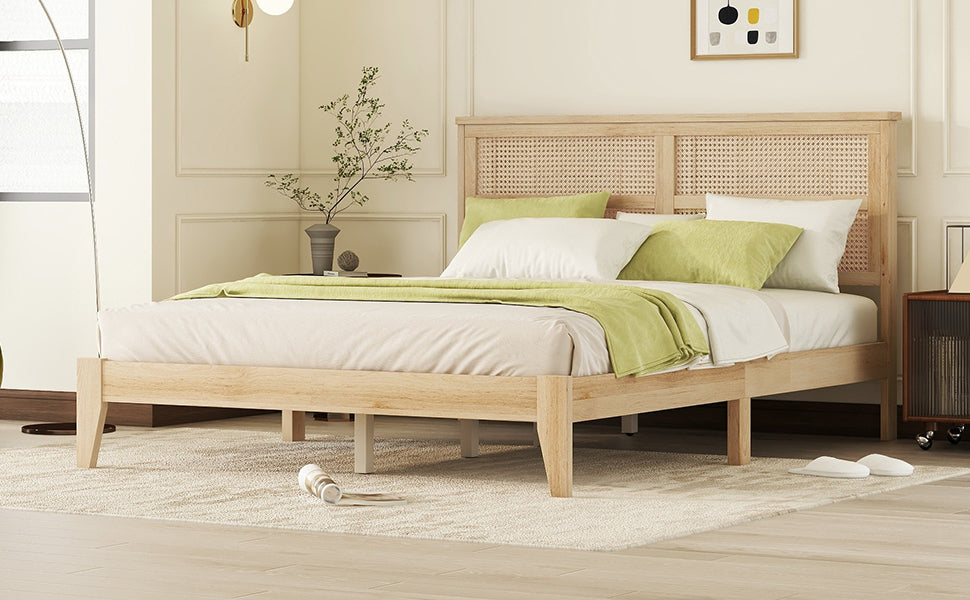 HAOYYE Queen Size Rubber Wooden, Solid Wooden Bed with Rattan Headboard, Enhanced by Support Feet,Oak White Sturdy Space-Saving Heavy Duty Modern Design Adults Dorm Room Easy Assembly Bedroom Furniture