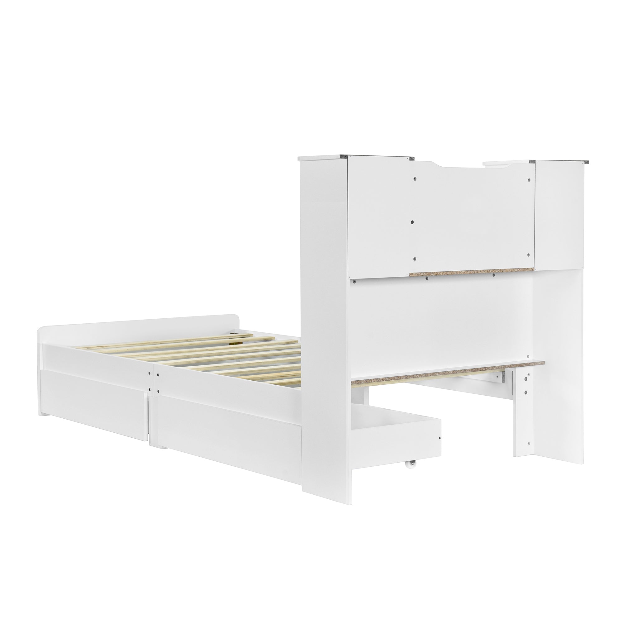 HAOYYE Twin Size Storage Platform Bed Frame with 4 Open Storage Shelves and 2 Drawers, LED Lights, White, Sturdy Space-Saving Heavy Duty Design, Easy Assembly, Ideal for Adults and Dorm Rooms