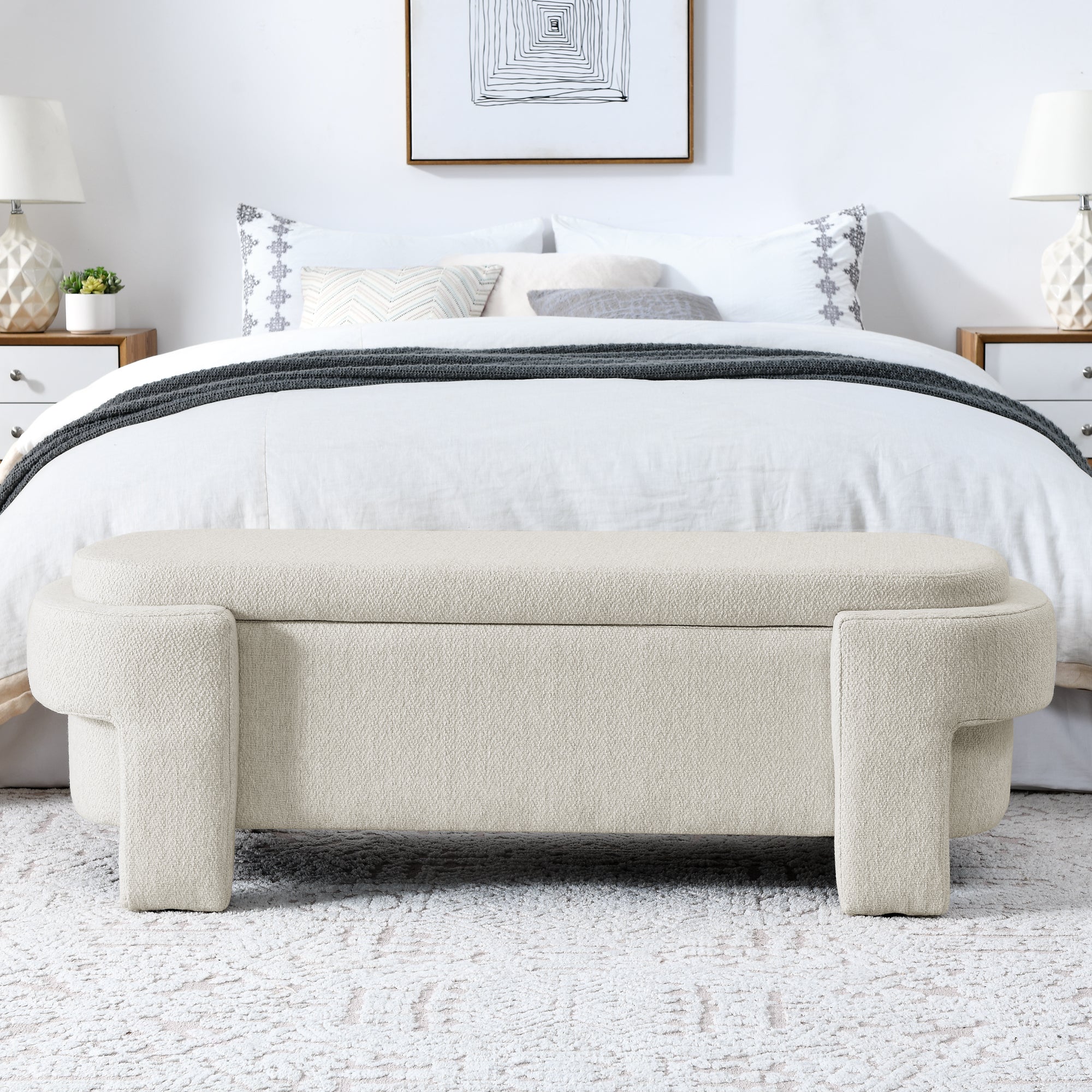 HAOYYE Linen Fabric Upholstered Bench with Large Storage Space for the Living Room, Entryway and Bedroom,Beige, Sturdy Space-Saving Heavy Duty Modern Design Easy Assembly Durable