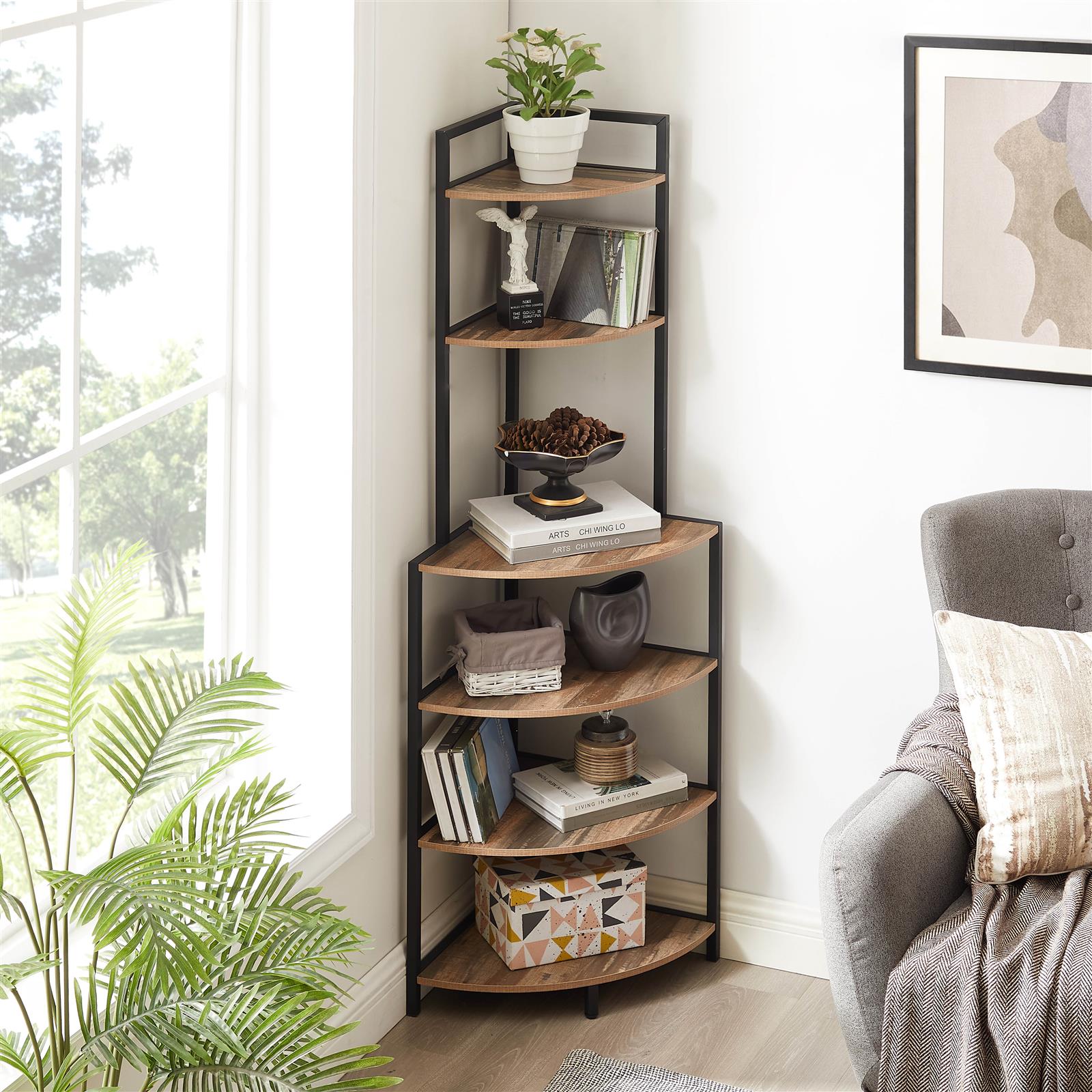 DE Direct HAOYYE 6-Tier Corner Shelf Modern Open Bookcase Wood Storage Rack Freestanding Display Stand for Plants Albums and Décor Space-Saving Bookshelf for Living Room Home Office Kitchen Rustic Brown