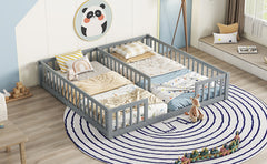 HAOYYE Double Twin Floor Bed with Fence, Guardrails, without door, Grey Sturdy Space-Saving Heavy Duty Modern Design Easy Assembly Durable Stylish Home Furniture Versatile