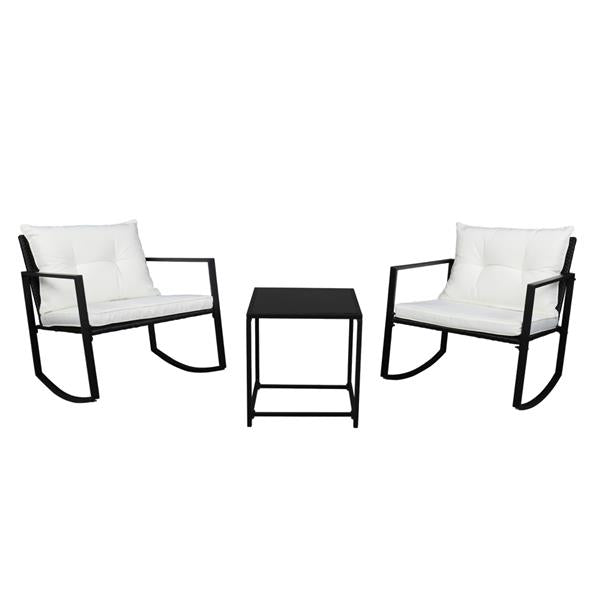 HAOYYE 3 Piece Outdoor Rocking Chair Set with Coffee Table, Black PE Rattan Patio Furniture with Tempered Glass Top and Beige Cushions, Weather Resistant Wicker Conversation Set for Balcony Garden Deck Porch