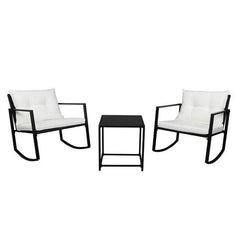 HAOYYE 3 Piece Outdoor Rocking Chair Set with Coffee Table, Black PE Rattan Patio Furniture with Tempered Glass Top and Beige Cushions, Weather Resistant Wicker Conversation Set for Balcony Garden Deck Porch