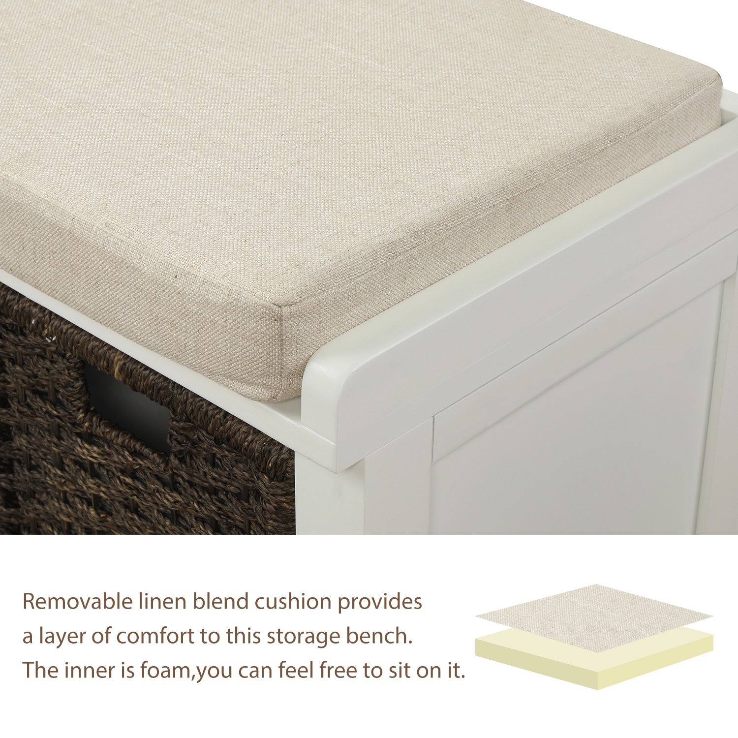 HAOYYE Rustic Storage Bench with 3 Removable Classic Rattan Basket , Entryway Bench Storage Bench with Removable Cushion (White) Sturdy Space-Saving Heavy Duty Modern Design Easy Assembly Durable