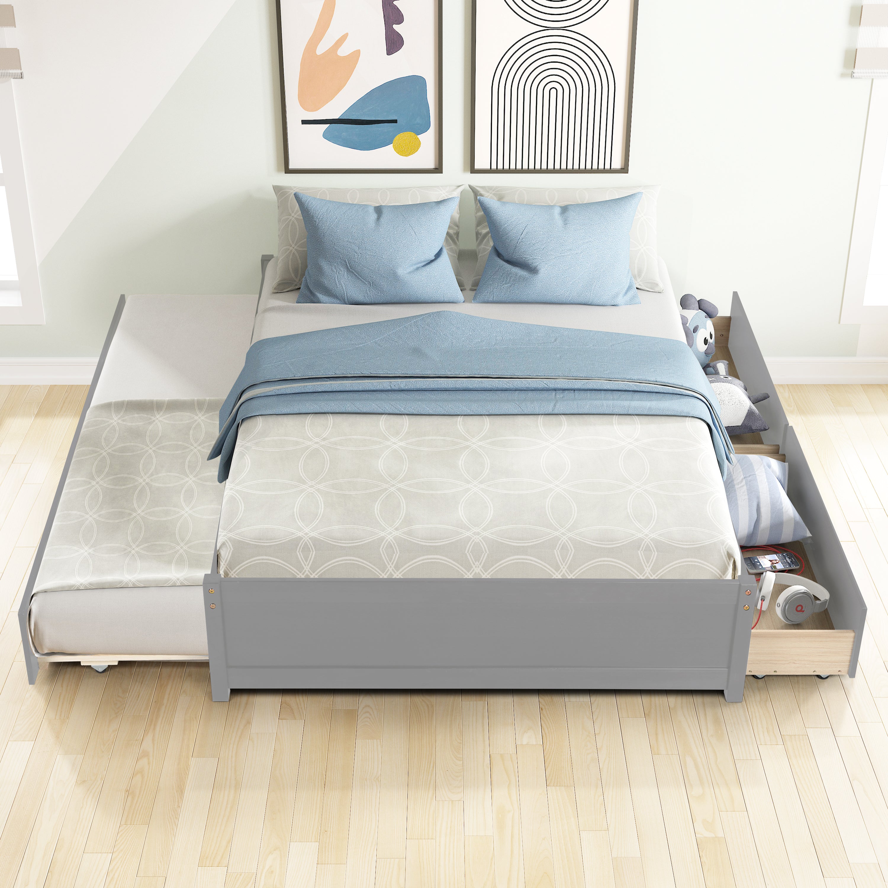 HAOYYE Full Bed With Twin Trundle And Storage Drawers, Grey Wood Platform Bed Frame, Space-Saving Heavy Duty Design, Modern Style For Bedroom Or Dorm Room, Easy Assembly