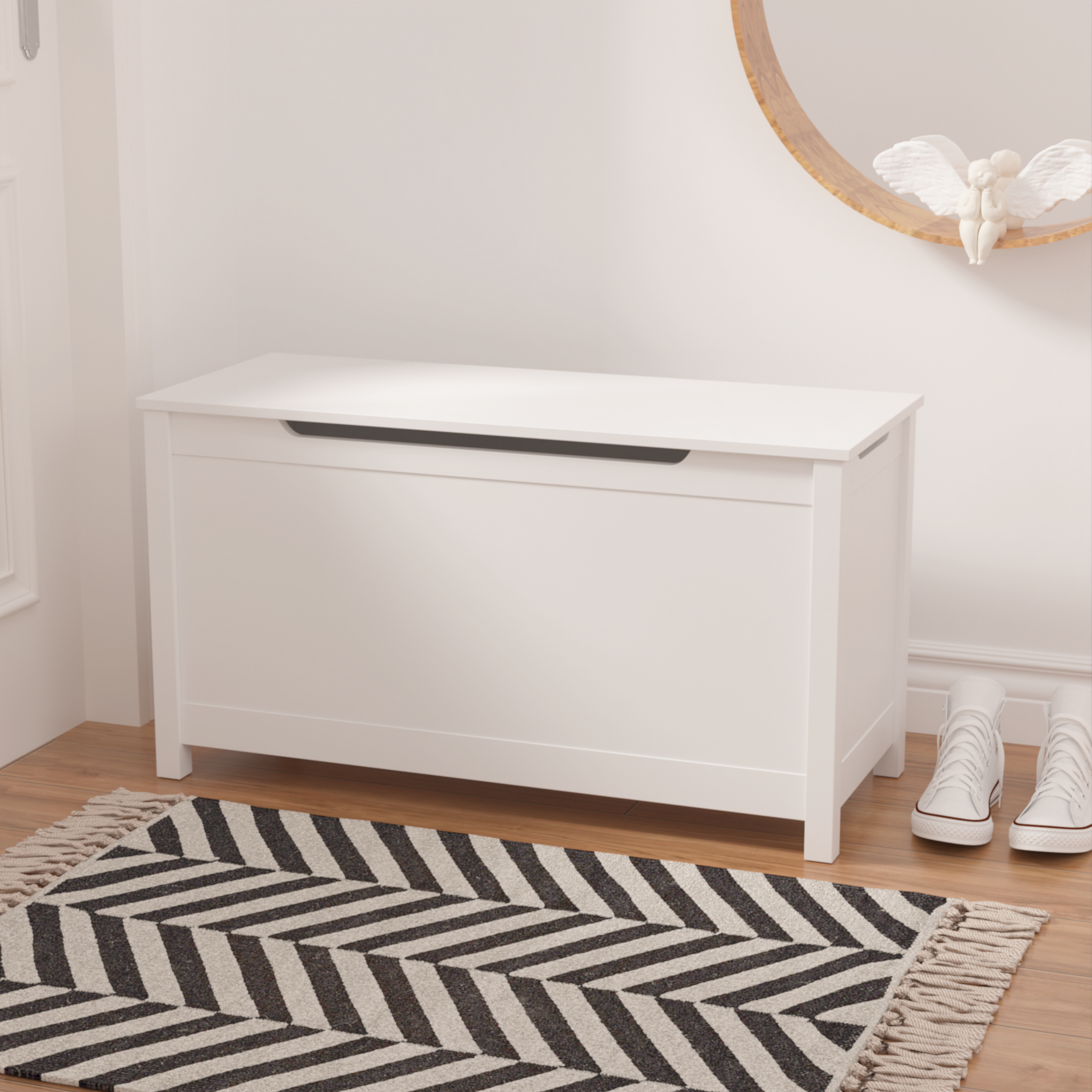 HAOYYE Wooden Toy Box Storage with Safety Hinged Lid, White, Sturdy Space-Saving Design, Easy Assembly, Durable and Stylish Home Furniture