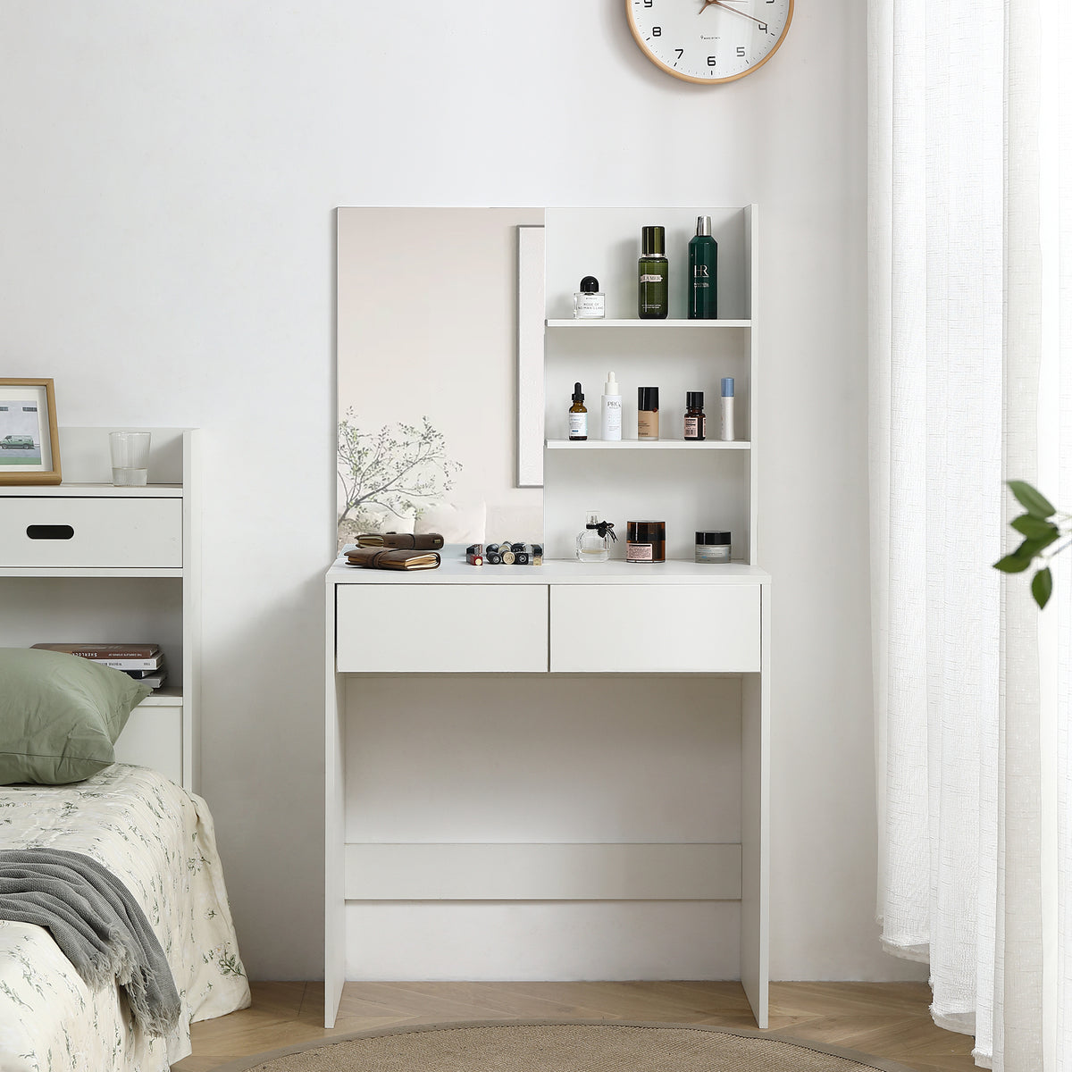 HAOYYE Vanity Desk with Mirror, White Dressing Table with 2 Drawers, Modern Makeup Vanity for Bedroom, Small Space Vanity Table with Storage, Sleek & Elegant Design for Girls and Women, Compact Beauty Station for Makeup Room