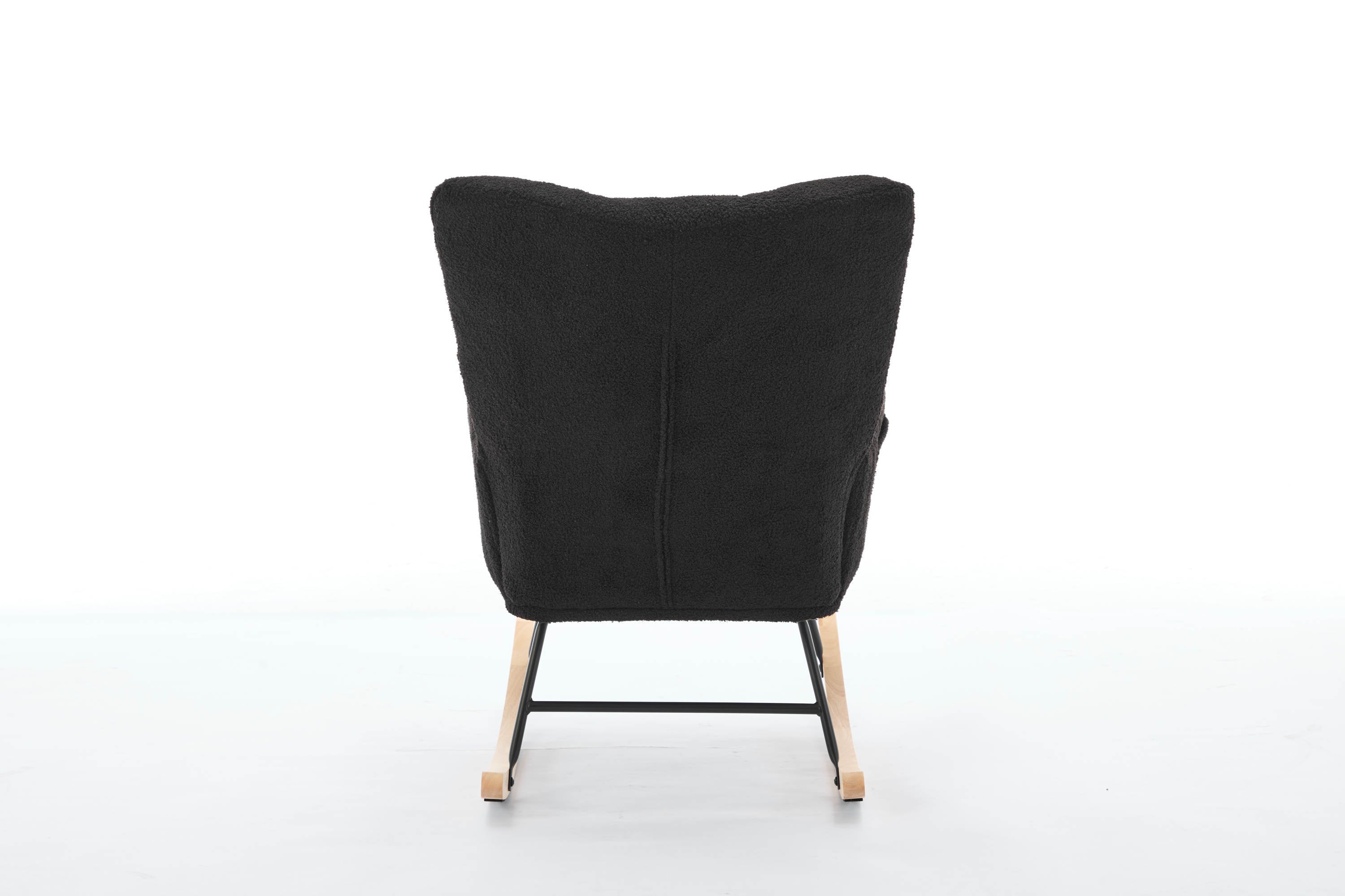 Haoyye Black Modern Nursery Rocking Chair with High Backrest, Soft Teddy Upholstered Glider Accent Armchair with Solid Wood Legs, Gentle Rocker for Bedroom, Living Room, or Nursery, Sturdy and Space-Saving Design for Adults