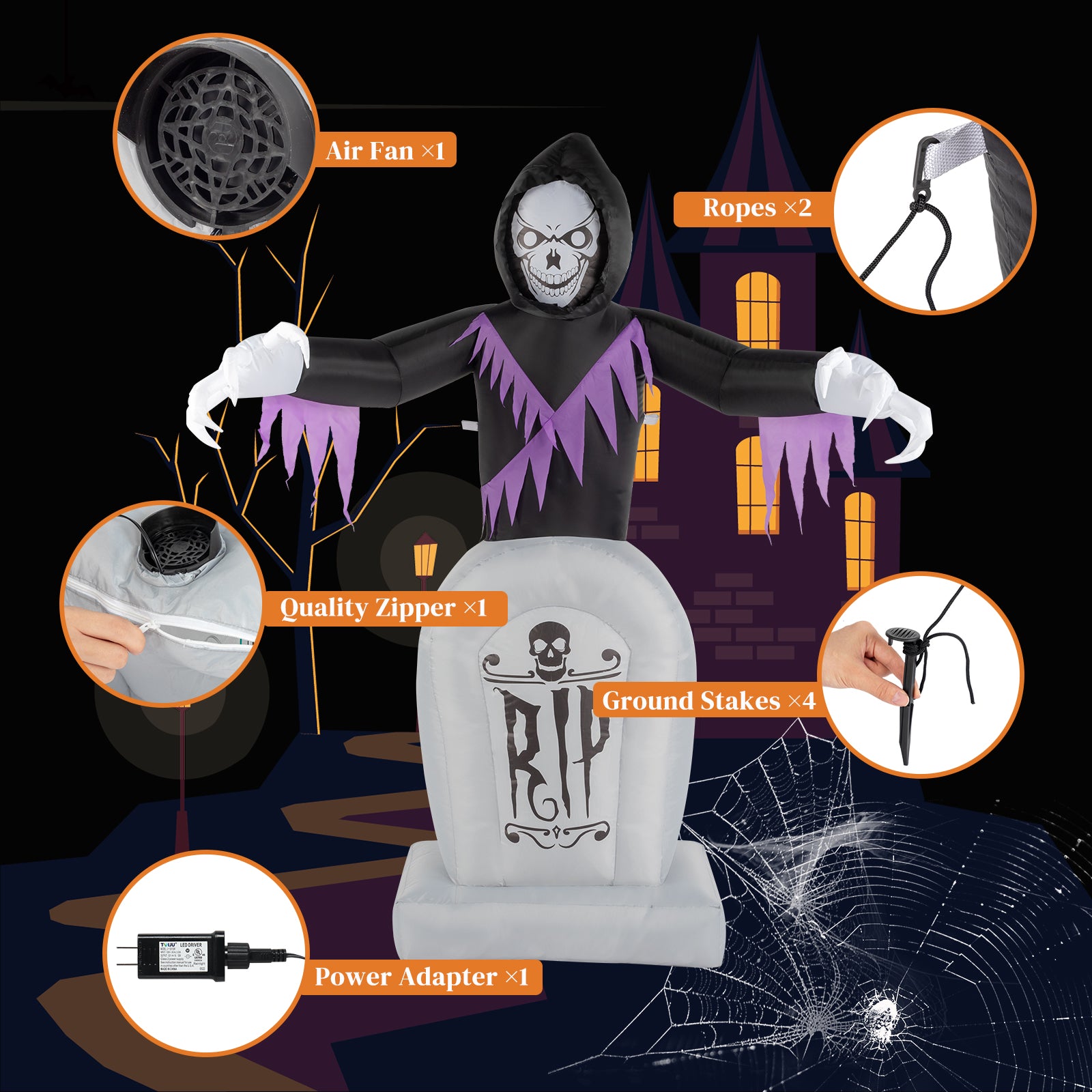 HAOYYE Halloween Inflatable Decoration Black 3-Piece Grim Reaper and Grave Set with LED String Lights Powerful Blower Easy Setup Waterproof Polyester for Garden Yard Lawn Patio Outdoor Party