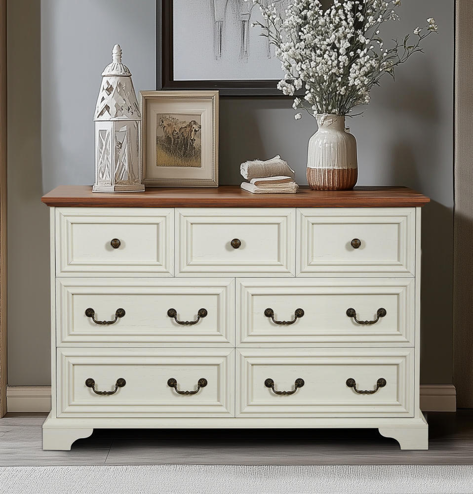 HAOYYE Farmhouse 7-Drawer Dresser With Rustic Natural Texture, Vintage Design Storage Chest, Organizer For Bedroom, Living Room, Hallway, Antique White Sturdy Space-Saving Furniture