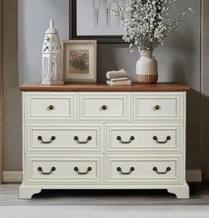 HAOYYE Farmhouse 7-Drawer Dresser With Rustic Natural Texture, Vintage Design Storage Chest, Organizer For Bedroom, Living Room, Hallway, Antique White Sturdy Space-Saving Furniture