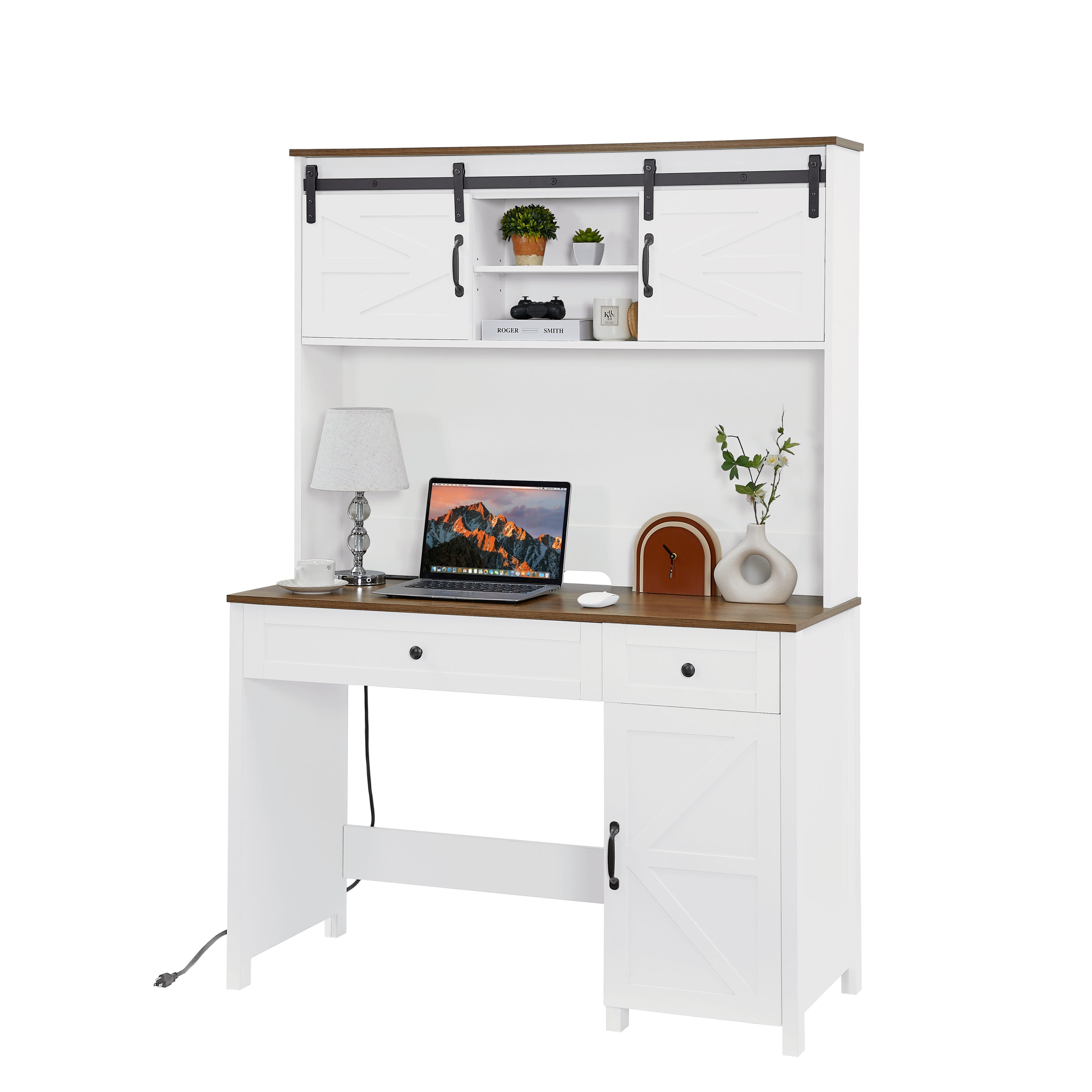 HAOYYE Farmhouse Executive Desk With Drawers, Rustic Home Office Desk With Charging Station, File Drawer, Storage Cabinet, Sturdy Space-Saving Heavy Duty Computer Writing Desk (Antique White)
