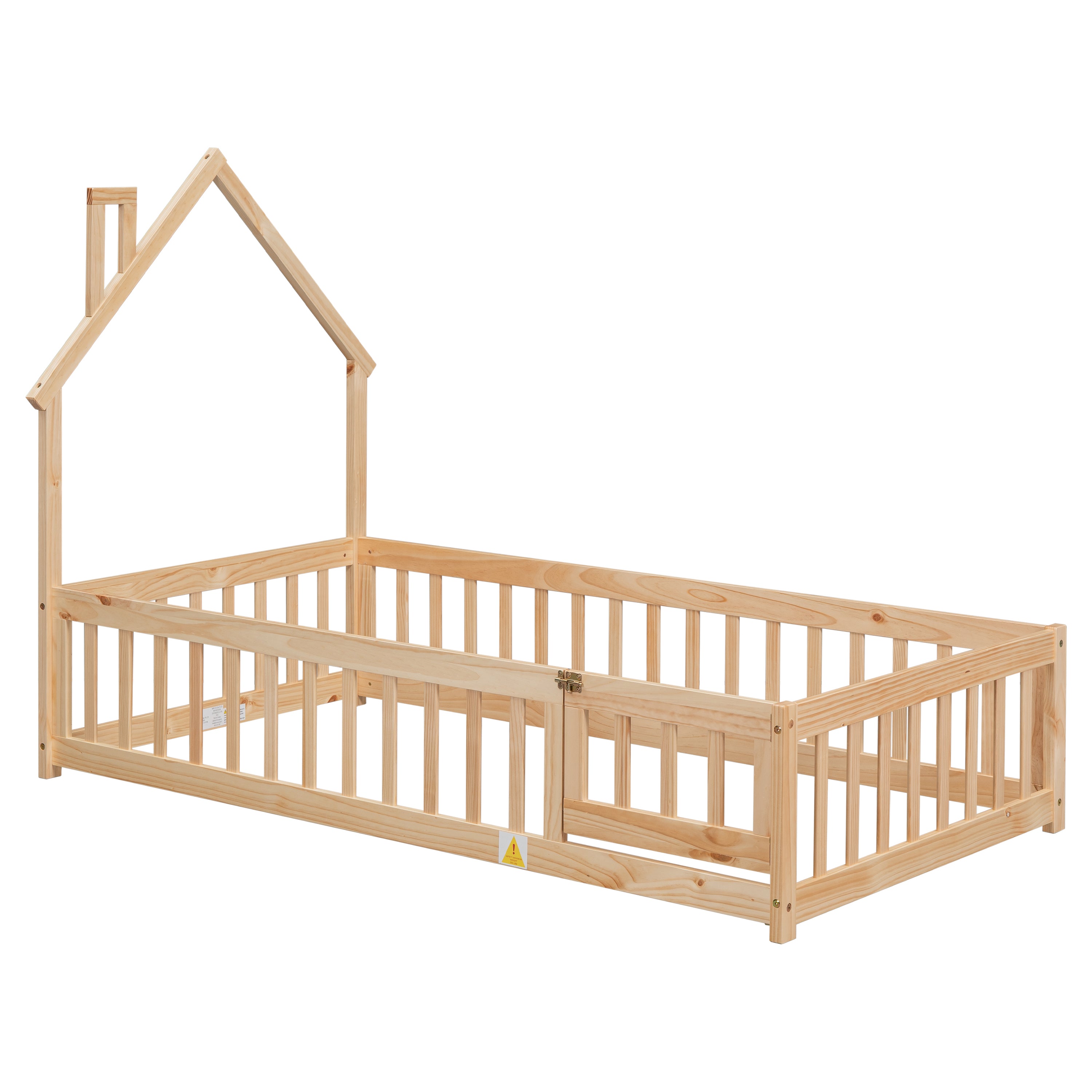 HAOYYE Twin House-Shaped Headboard Floor Bed with Fence ,Natural Sturdy Space-Saving Heavy Duty Modern Design Adults Dorm Room Easy Assembly Bedroom Furniture