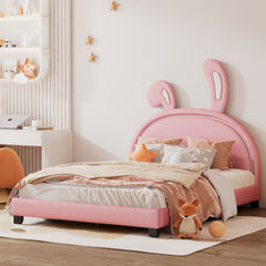 HAOYYE Full Size Upholstered Leather Platform Bed with Rabbit Ornament, Pink Sturdy Space-Saving Heavy Duty Modern Design Adults Dorm Room Easy Assembly Bedroom Furniture