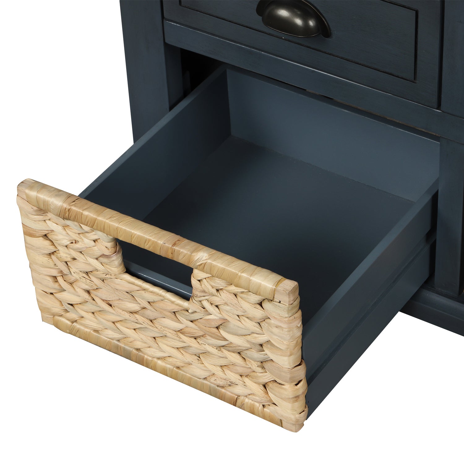 HAOYYE Rustic Storage Bench with Three Drawers and Three Rattan Baskets, Shoe Bench for Living Room or Entryway, Antique Navy, Sturdy Space-Saving Design, Heavy Duty Construction, Easy Assembly, Durable and Stylish Home Furniture