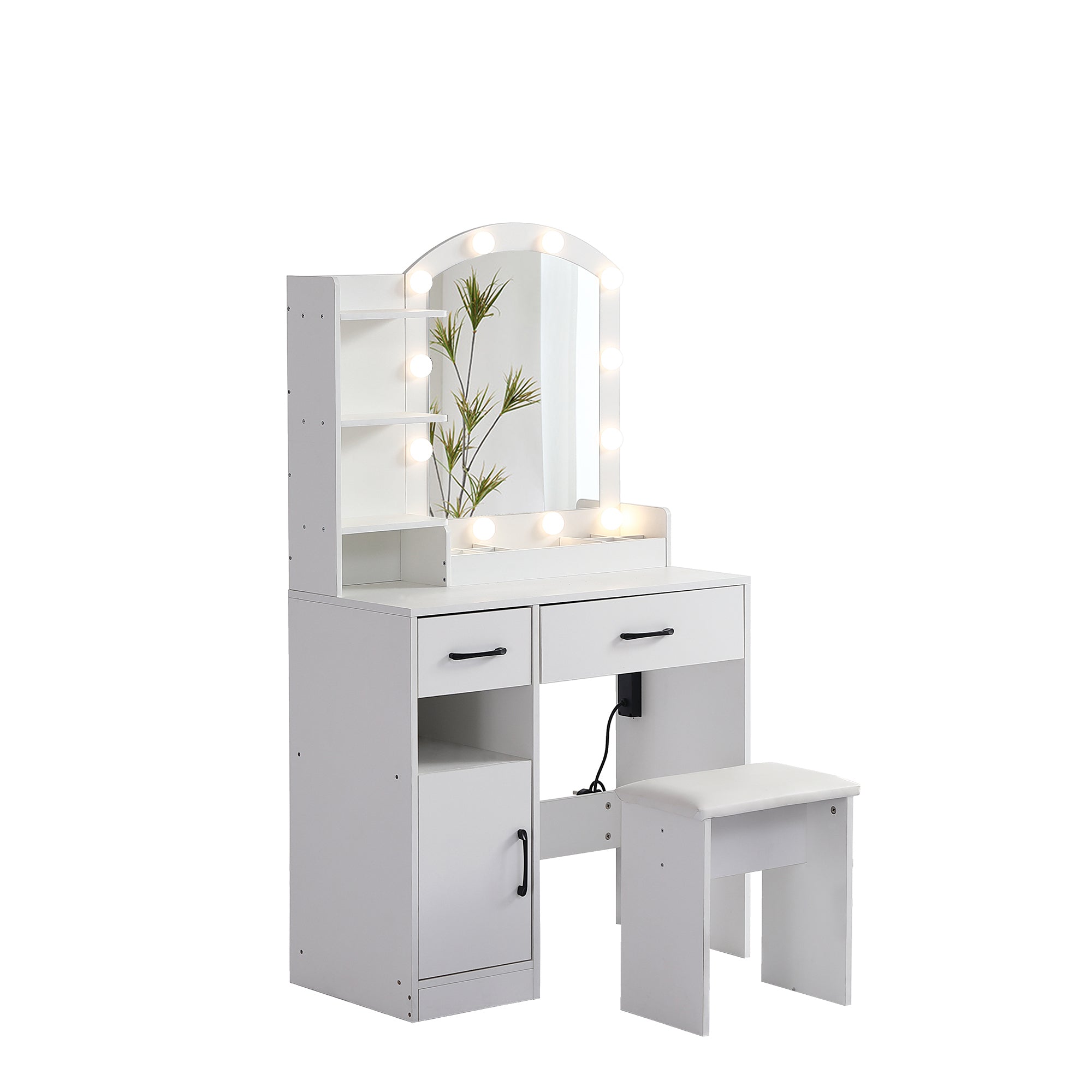 HAOYYE Vanity Desk Set with Lighted Mirror, 3-Color Adjustable Brightness, White Dressing Table with 2 Drawers, Storage Cabinet, and Upholstered Stool, Sturdy Space-Saving Design