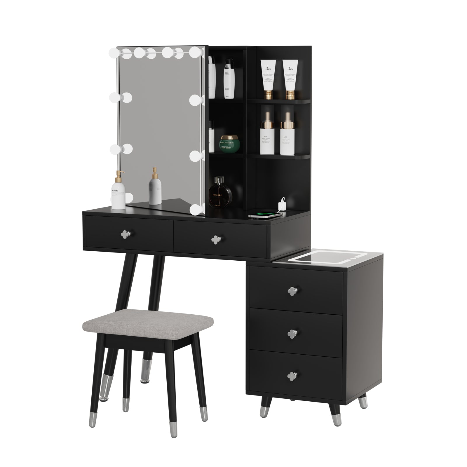 HAOYYE Vanity Table with LED Three-Tone Mirror, 5 Drawers, 2-Layer Shelf, Mirror Cabinet, Pitted Particle Board with Triamine Coating, Solid Wood Legs with Copper Sheath, Makeup Table for Bedroom, Dressing Room, or Bathroom