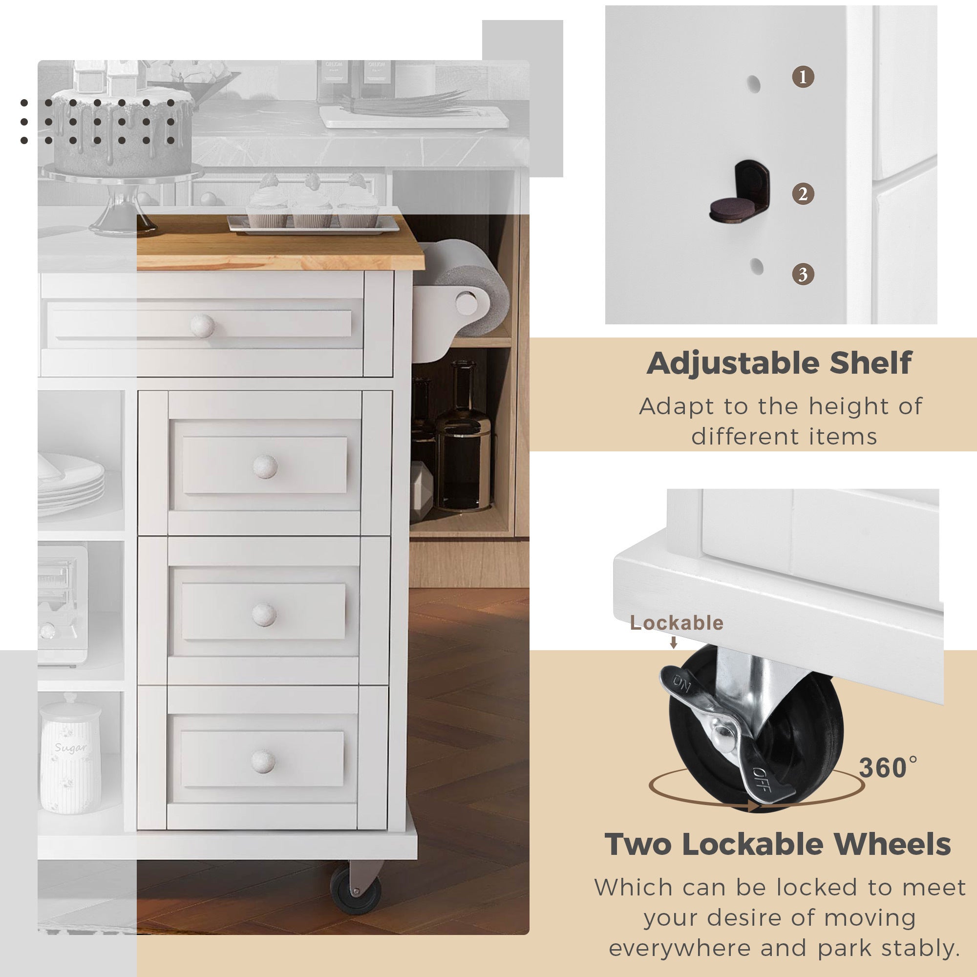 HAOYYE Kitchen cart with Rubber wood desktop rolling mobile kitchen island with storage and 5 draws 53 Inch length(White) Sturdy Space-Saving Heavy Duty Modern Design Adults Dorm Room Easy Assembly