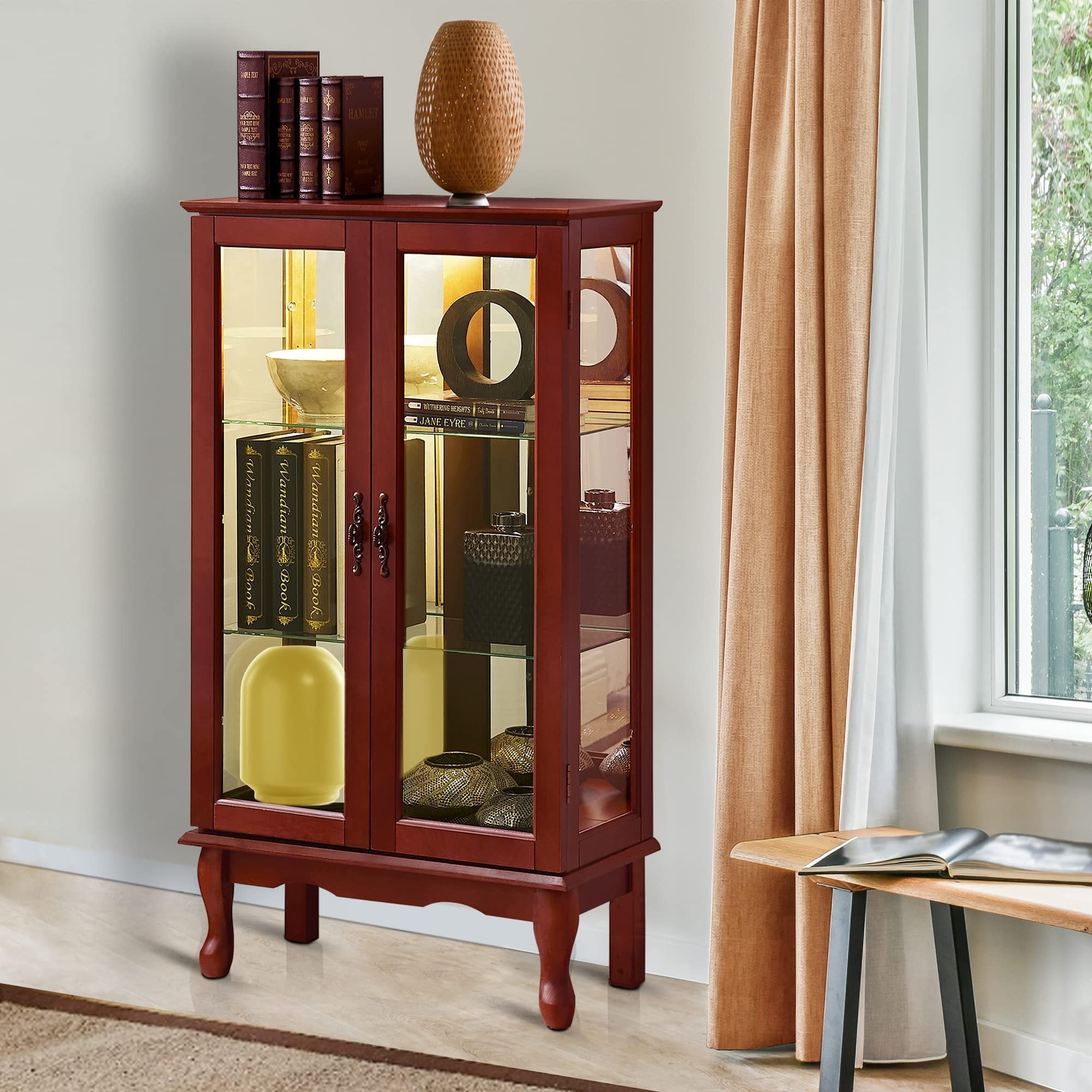 HAOYYE Curio Cabinet Lighted Curio Diapaly Cabinet with Adjustable Shelves and Mirrored Back Panel, Tempered Glass Doors (Cherry, 3 Tier), (E26 light bulb not included) Sturdy Space-Saving Heavy Duty