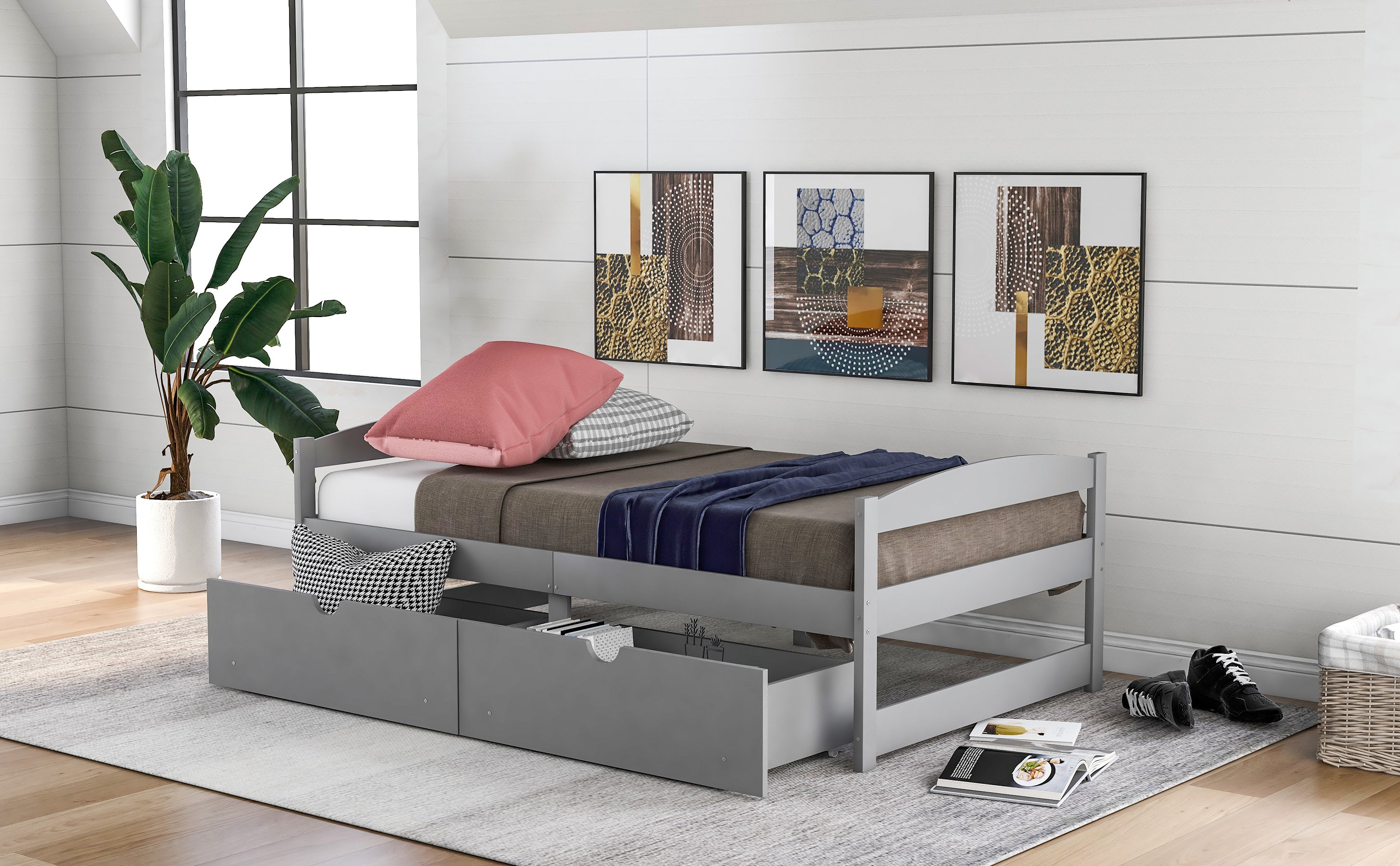 HAOYYE Twin Platform Bed with Two Drawers, Gray, Sturdy Space-Saving Design, Heavy Duty Construction, Easy Assembly, Durable and Stylish Home Furniture