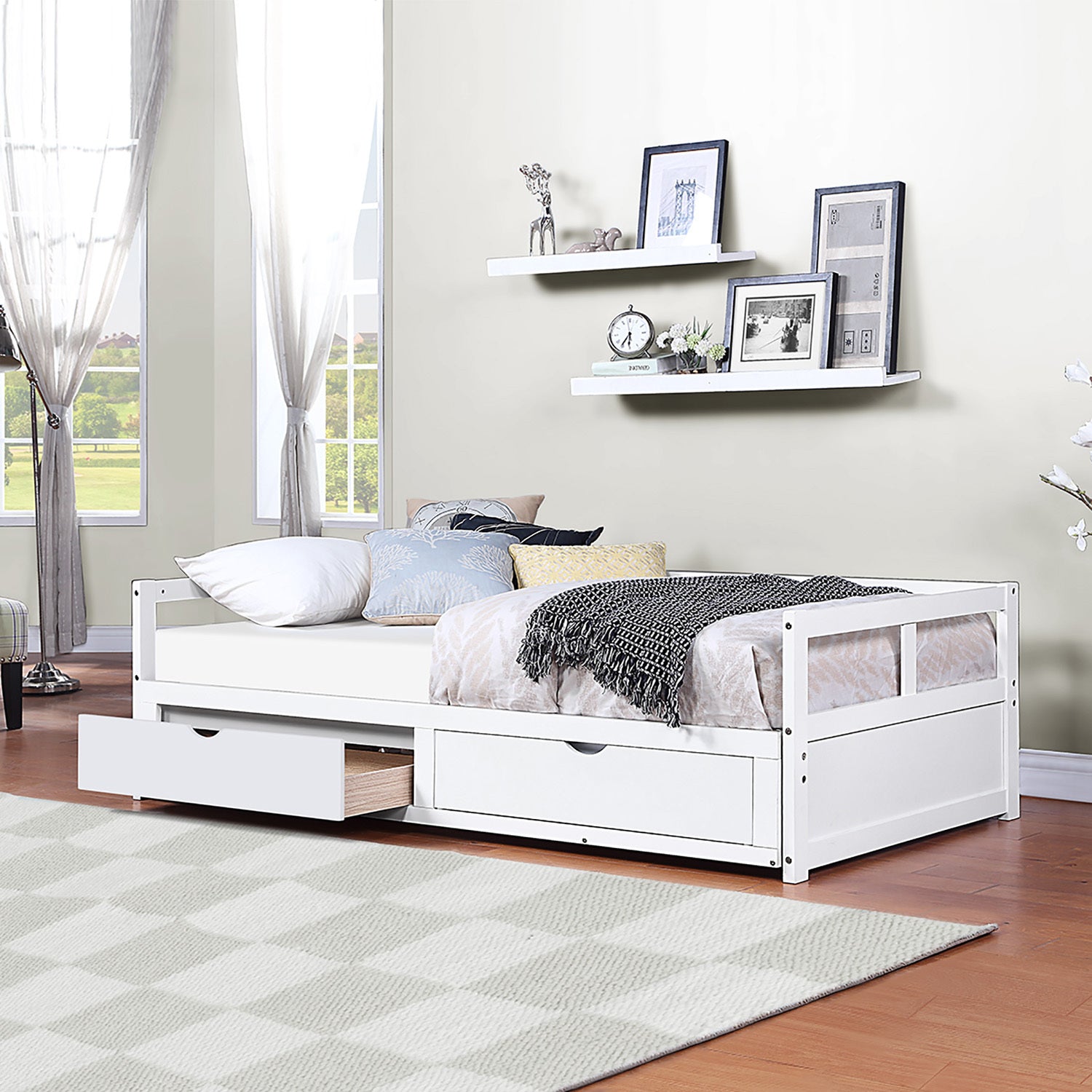 HAOYYE Wooden Daybed with Trundle and Storage Drawers, Extendable Sofa Bed for Bedroom or Living Room, White, Sturdy Space-Saving Design, Heavy Duty Construction, Easy Assembly, Durable and Stylish Home Furniture