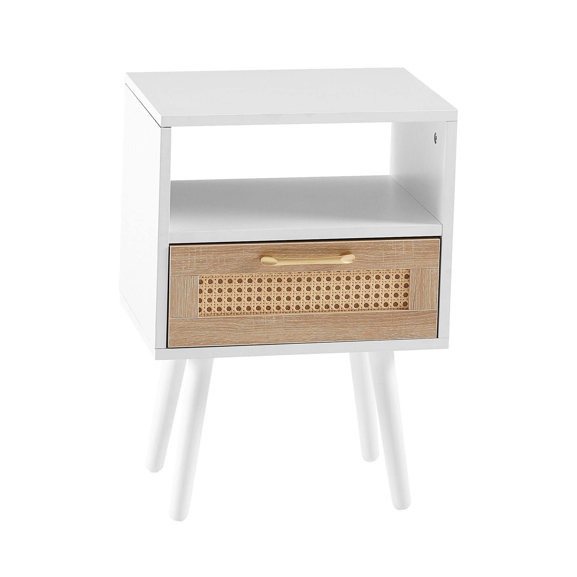 HAOYYE Rattan End Table With Drawer And Solid Wood Legs, Modern Nightstand For Bedroom And Living Room, Sturdy Space-Saving Heavy Duty Design, Easy Assembly, White