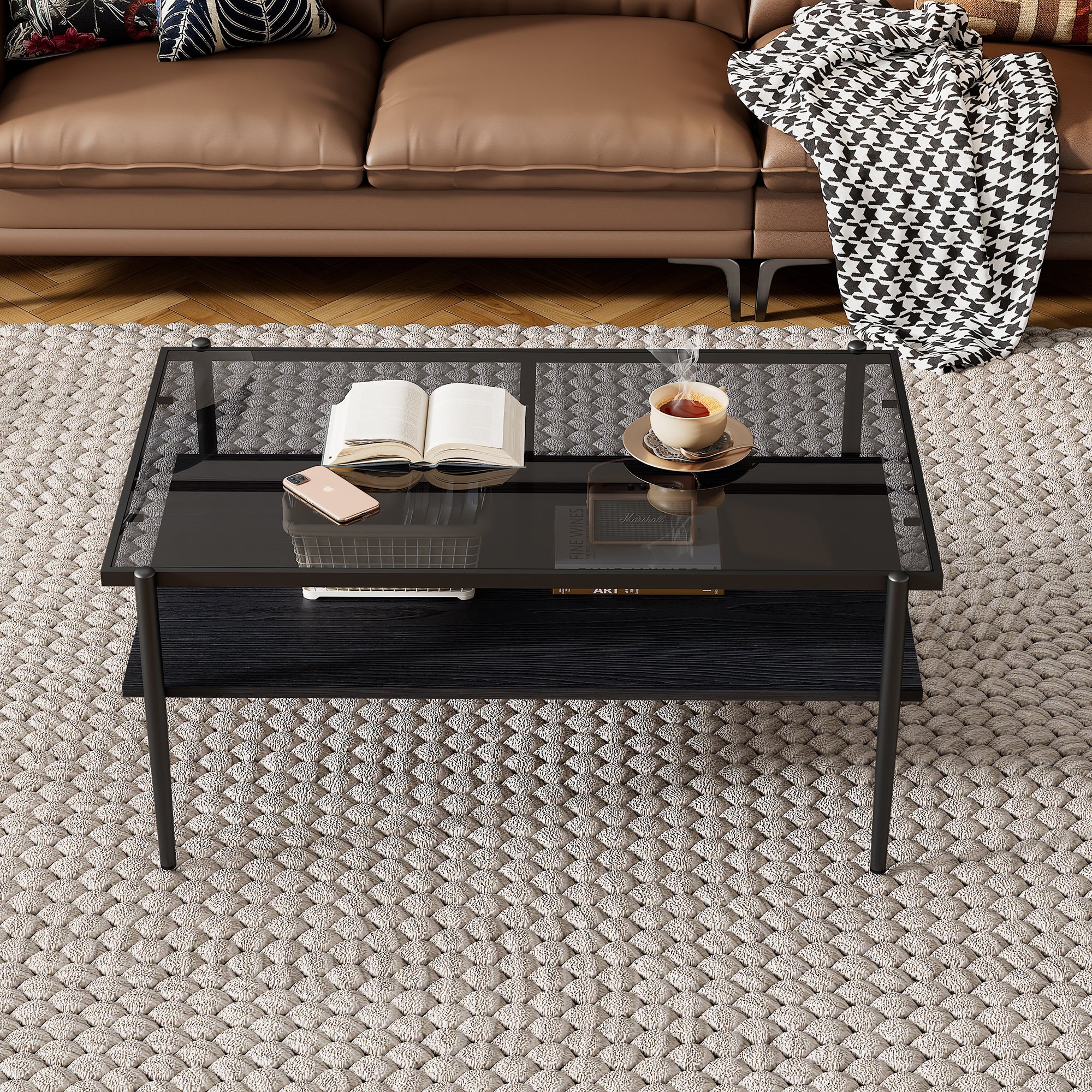 HAOYYE Rectangle Coffee Table with Gray Tempered Glass top and Black Legs,Modern Table for Living Room Sturdy Space-Saving Heavy Duty Modern Design Adults Dorm Room Easy Assembly Bedroom Furniture