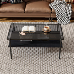 HAOYYE Rectangle Coffee Table with Gray Tempered Glass top and Black Legs,Modern Table for Living Room Sturdy Space-Saving Heavy Duty Modern Design Adults Dorm Room Easy Assembly Bedroom Furniture