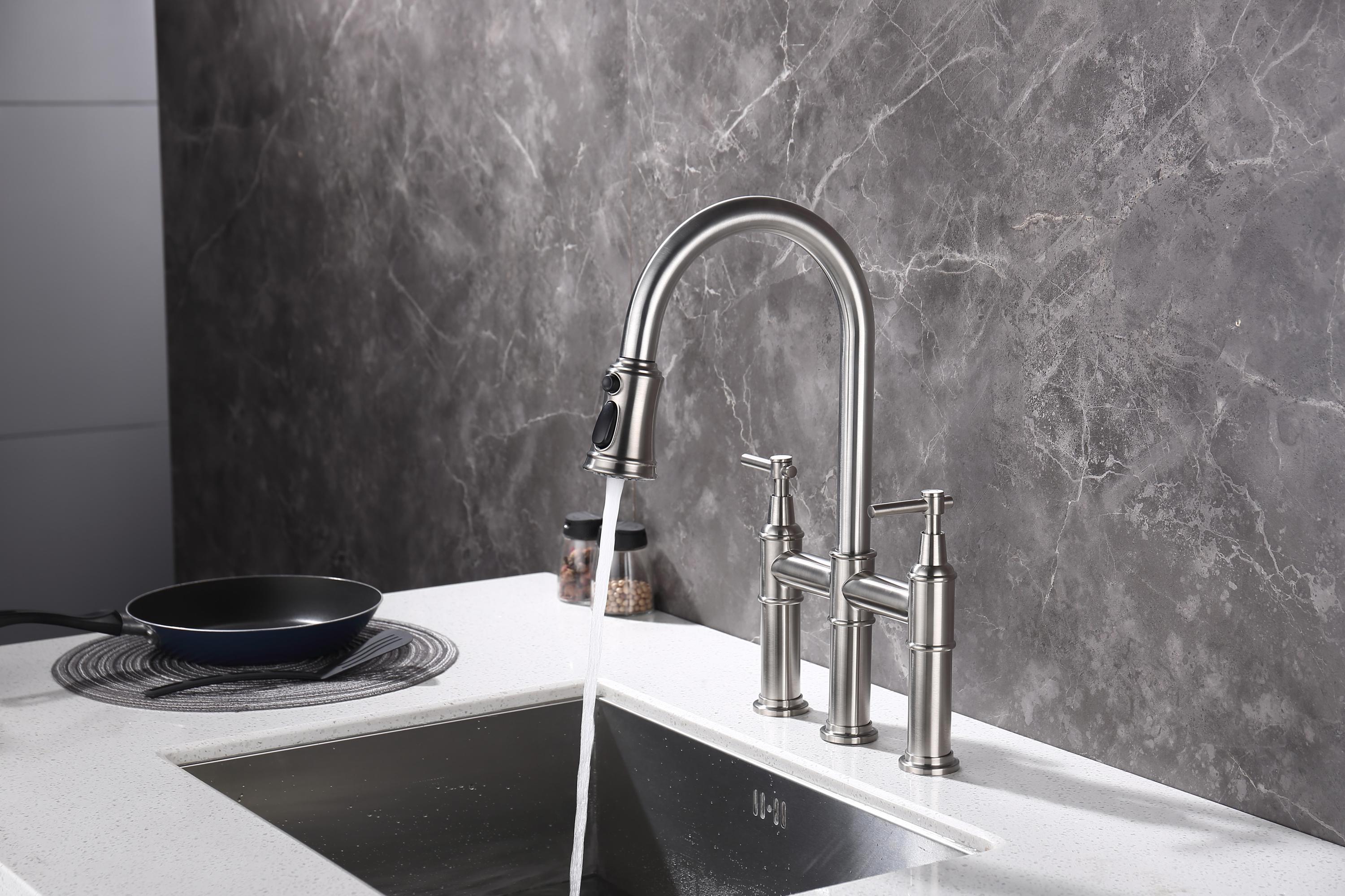 HAOYYE Bridge Kitchen Faucet with Pull-Down Sprayhead in Spot Sturdy Space-Saving Heavy Duty Modern Design Adults Dorm Room Easy Assembly Bedroom Furniture