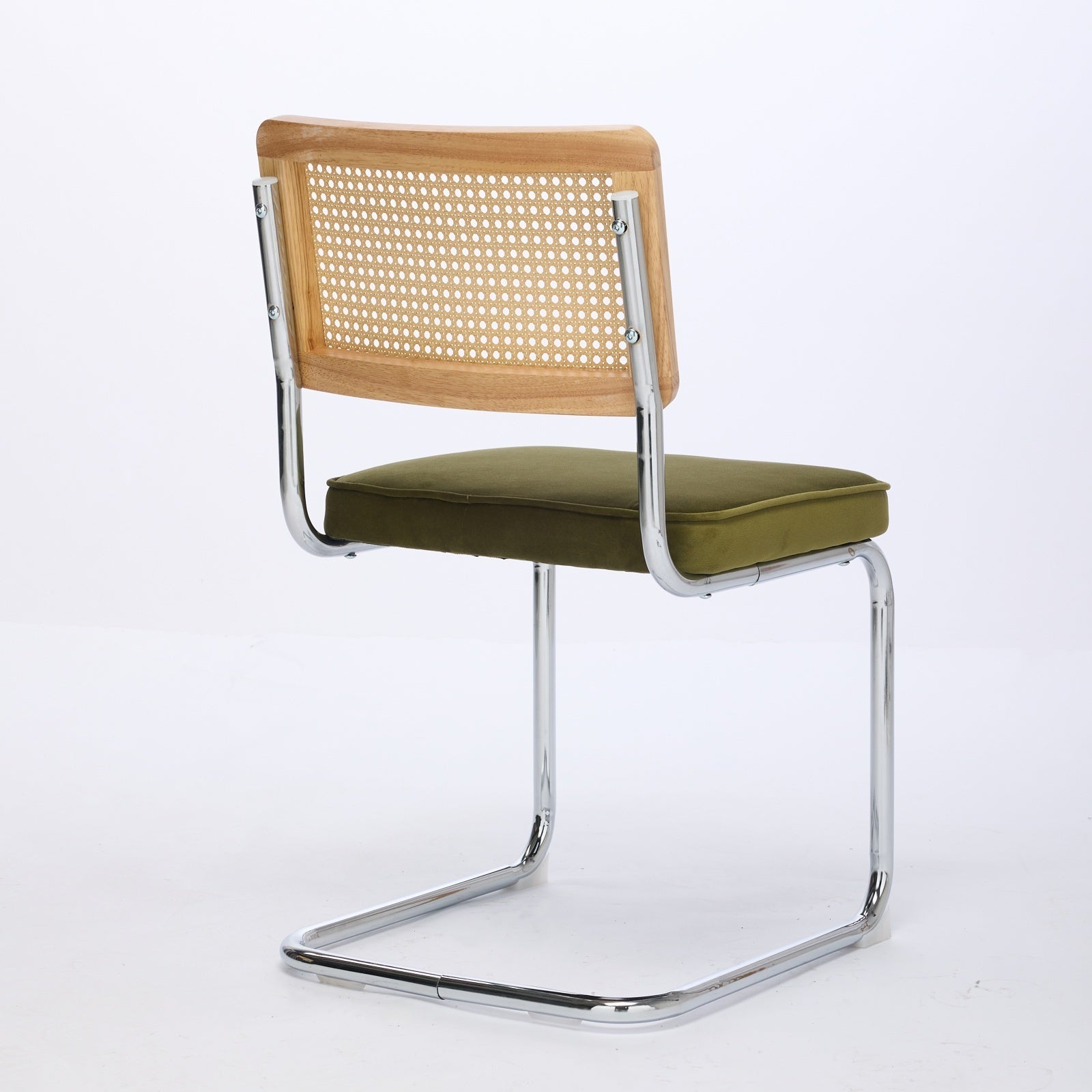 HAOYYE Mid Century Modern Dining Chairs Set of 2, Velvet Accent Chairs with Natural Cane Back & Stainless Chrome Base, Famous Breuer Designed Chairs, Upholstered Rattan Kitchen Chairs,Olive-Green Sturdy