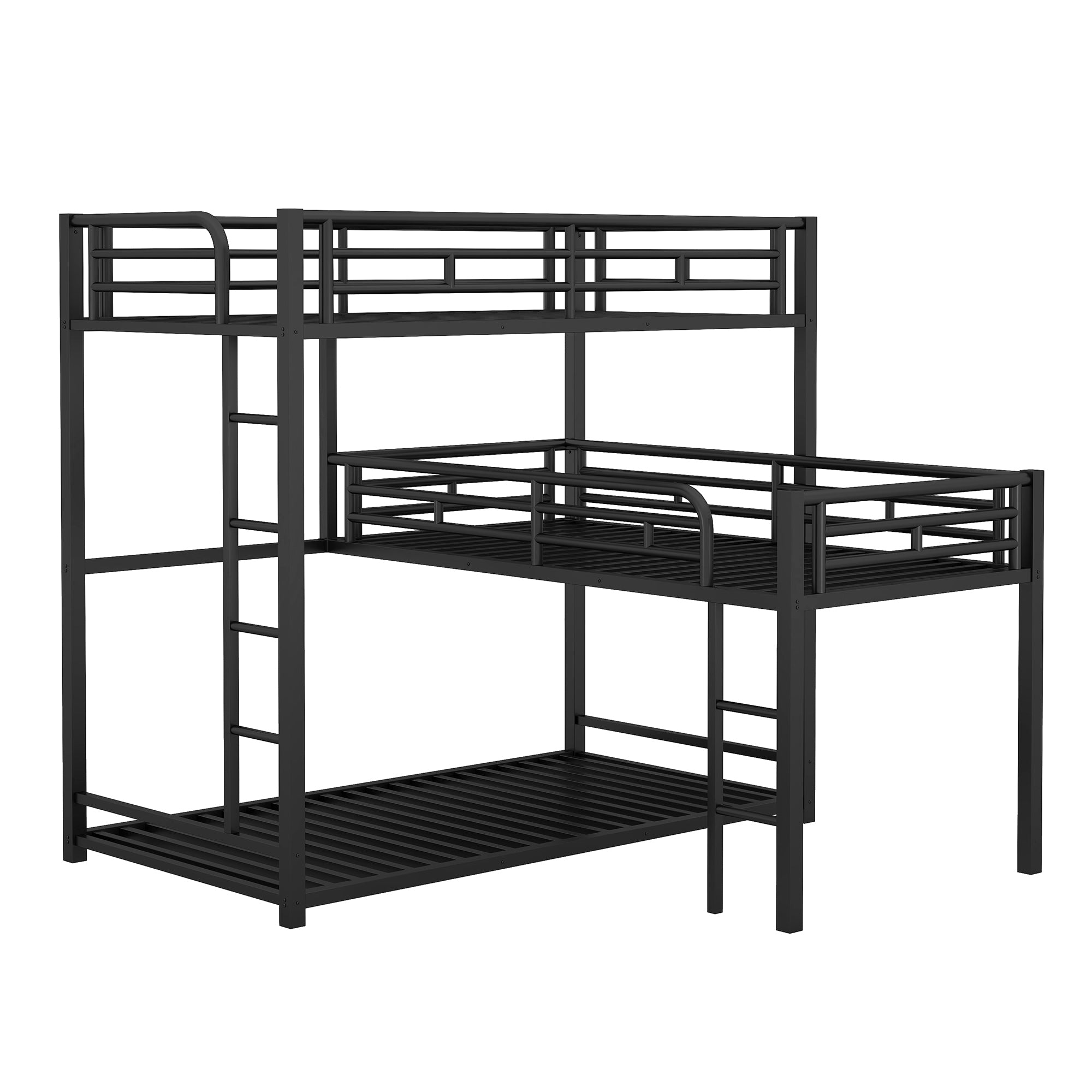 HAOYYE L-shaped Metal Triple Twin Size Bunk Bed, Black(OLD SKU:SM000605AAB) Sturdy Space-Saving Heavy Duty Modern Design Easy Assembly Durable Stylish Home Furniture Versatile