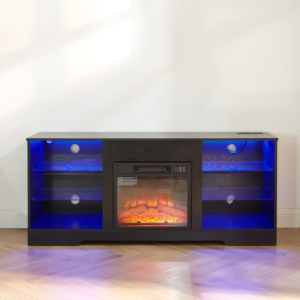 HAOYYE Modern TV Stand With Electric Fireplace, Glass Shelves, 3D Wood Design, LED Lights, And USB Charging Outlet – Entertainment Console Table For TVs From 32 To 62 Inch, Sturdy, Space-Saving Heavy Duty Media Center In Black