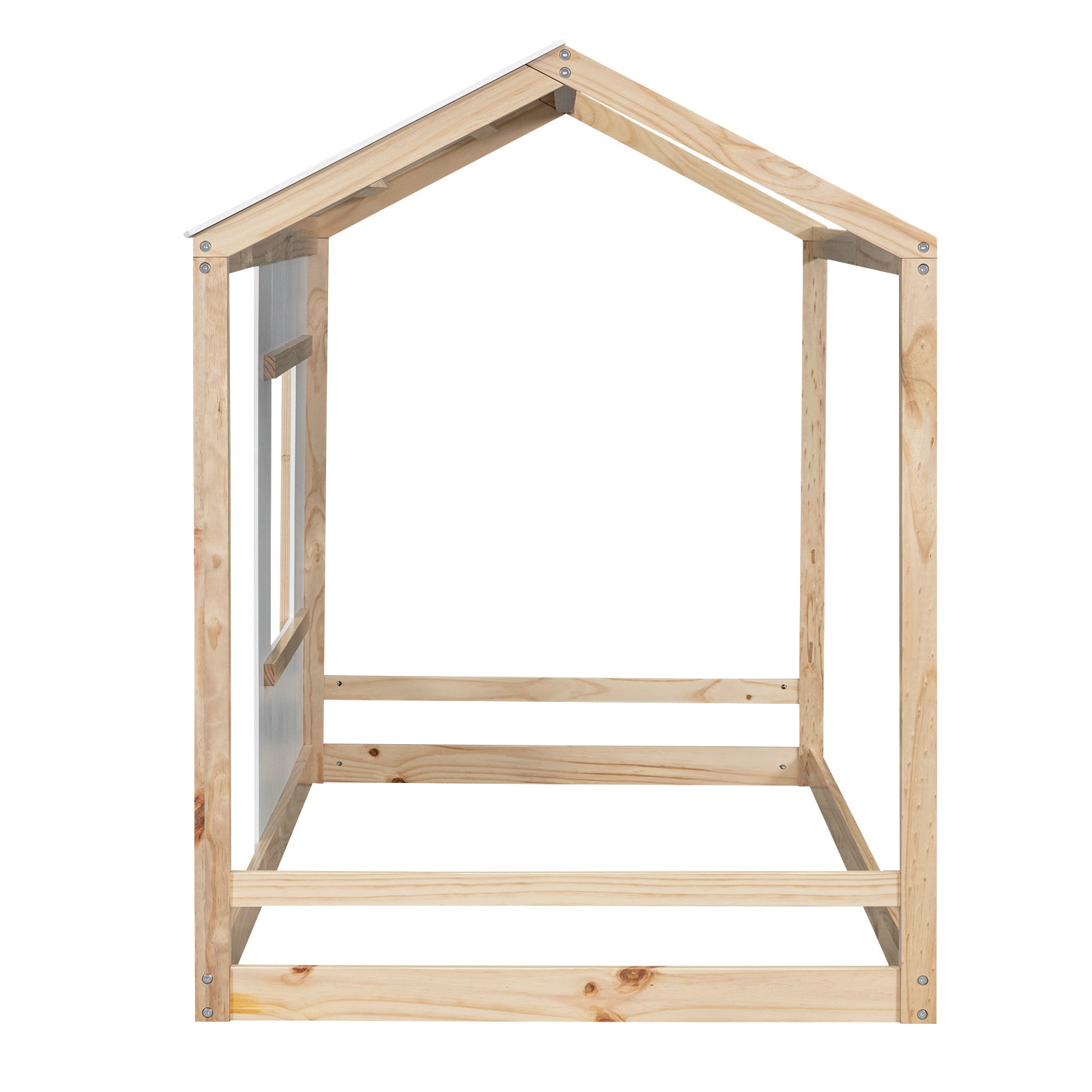 HAOYYE Twin Size House Platform with Roof and Window , White+Natural Sturdy Space-Saving Heavy Duty Modern Design Easy Assembly Durable Stylish Home Furniture Versatile