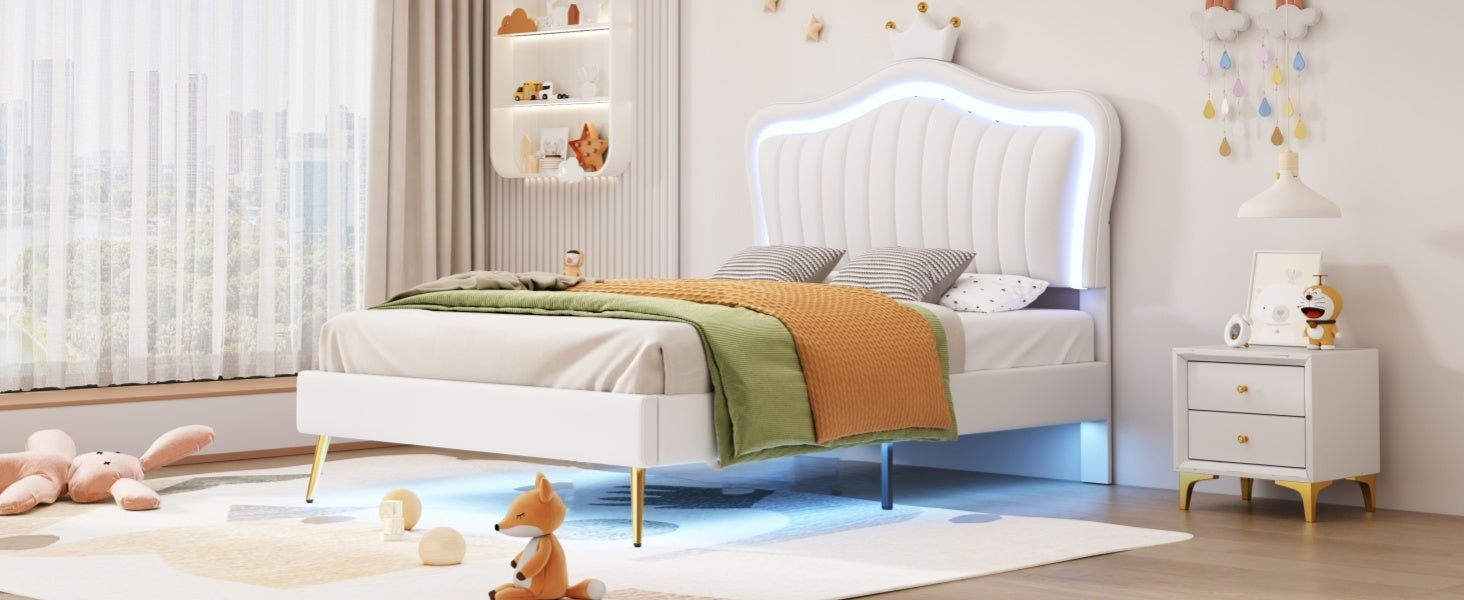 HAOYYE Twin Size Upholstered Bed Frame with LED Lights, Modern Upholstered Princess Bed With Crown Headboard,White Sturdy Space-Saving Heavy Duty Modern Design Adults Dorm Room Easy Assembly