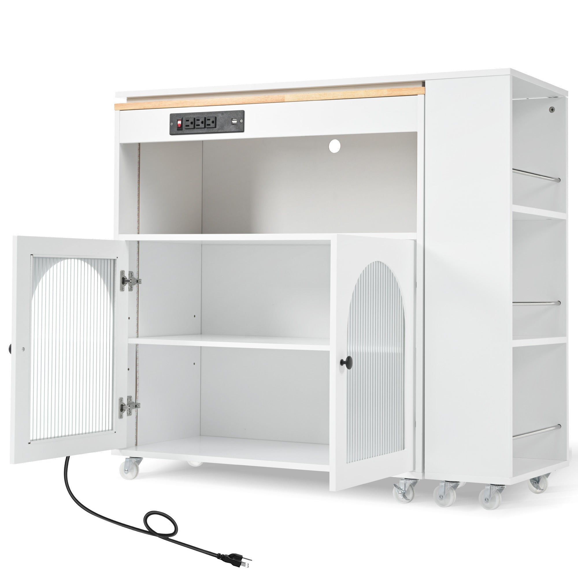 HAOYYE K&K Rolling Kitchen Island With Extended Table, Kitchen island on Wheels with LED Lights,Power Outlets and 2 Fluted Glass Doors, Kitchen Island with a Storage Compartment and Side 3 Open Shelves,White