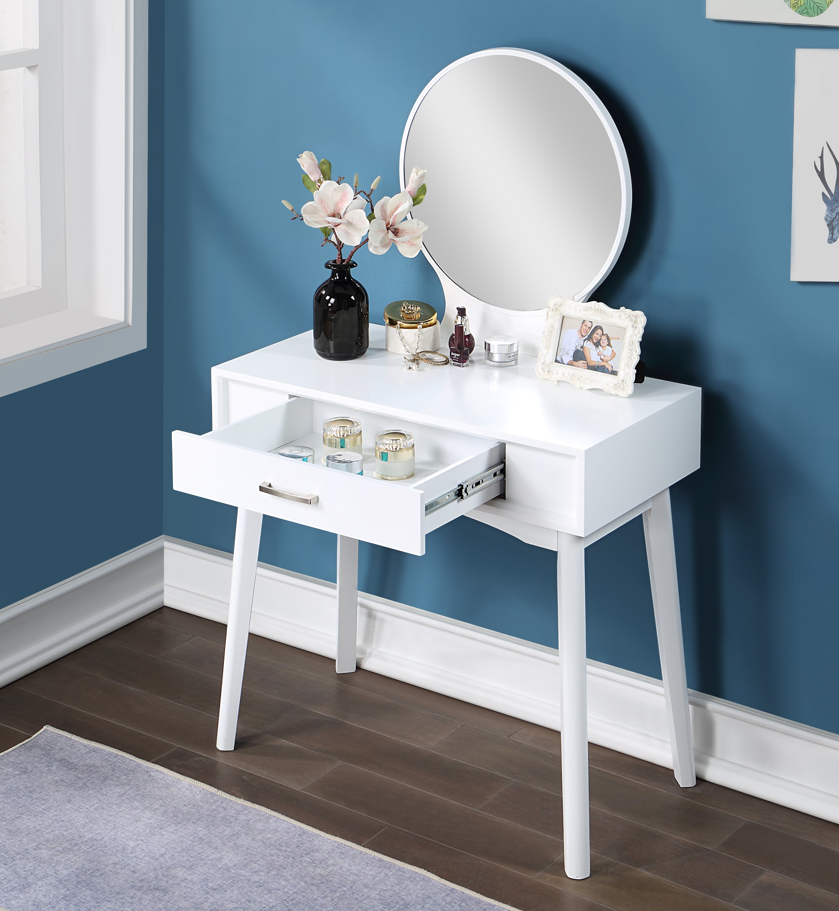 HAOYYE Maly Contemporary Wood Vanity and Stool Set, White Makeup Vanity Table with Mirror and Storage Drawers, Elegant Dressing Table with Cushioned Stool for Bedroom, Compact Vanity Desk for Small Spaces, Stylish Beauty Station for Girls and Women