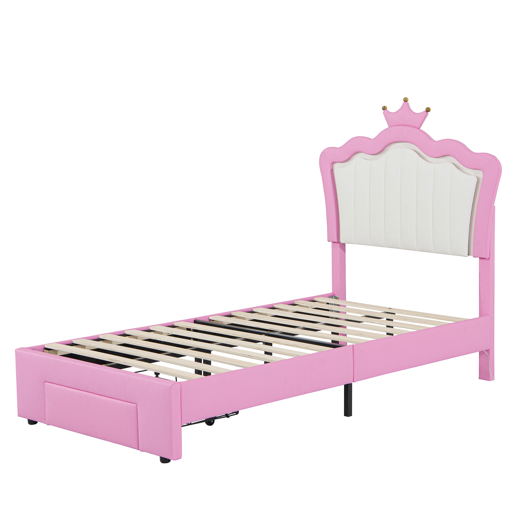 HAOYYE Twin Size Upholstered Bed Frame With LED Lighting, Modern Princess Bed With Crown Headboard And Storage Drawer, Pink And White, Sturdy Space-Saving Heavy Duty Design For Adults And Dorm Rooms