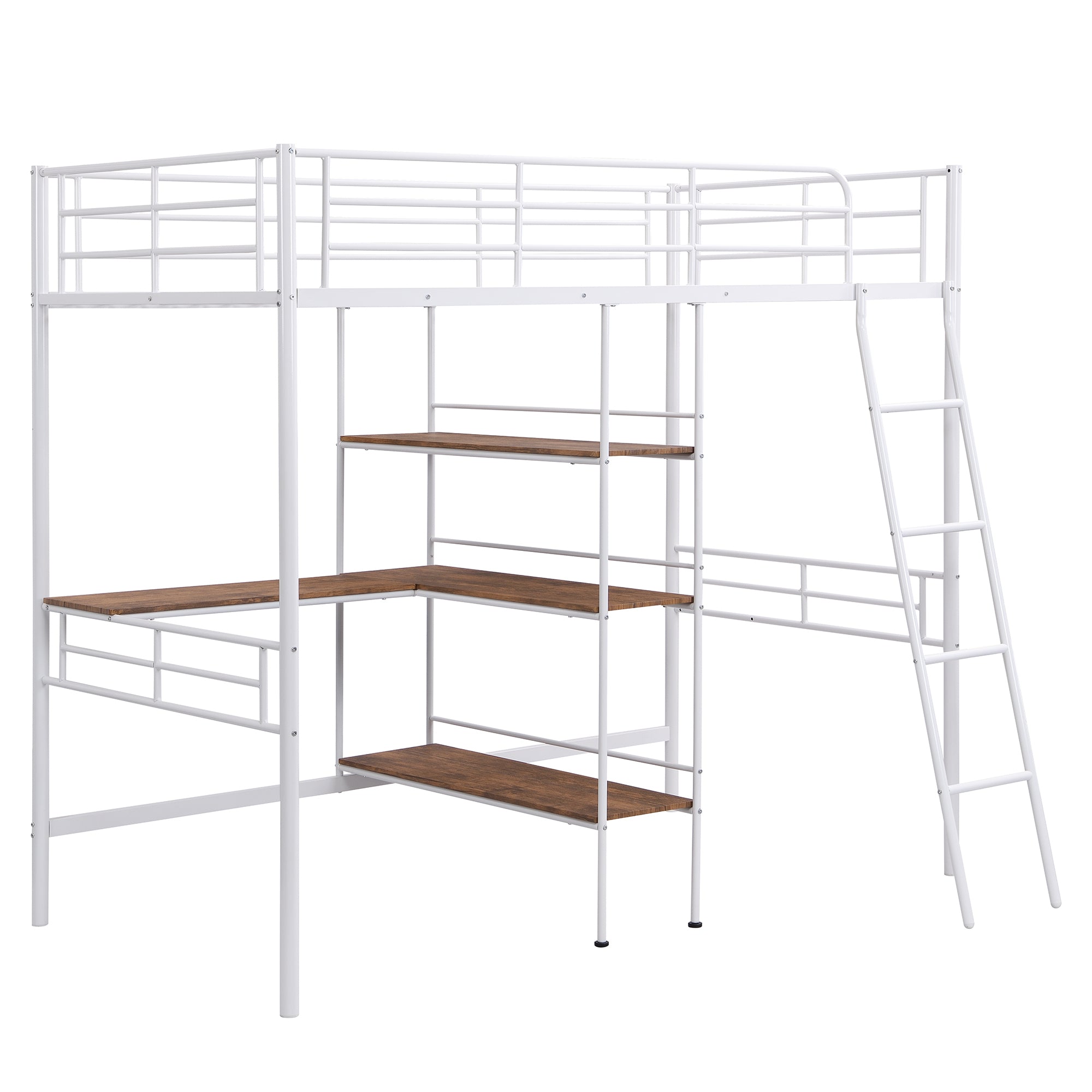 HAOYYE Twin Size Metal Loft Bed and Built-in Desk and Shelves,White Sturdy Space-Saving Heavy Duty Modern Design Adults Dorm Room Easy Assembly Bedroom Furniture